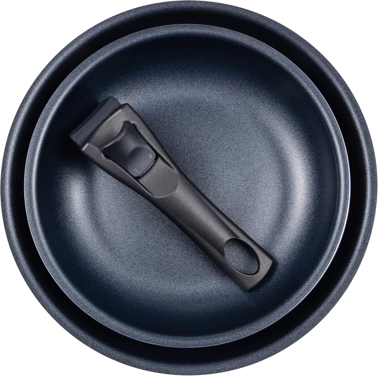 Stacked Bergner Click&Cook frying pans with removable handle