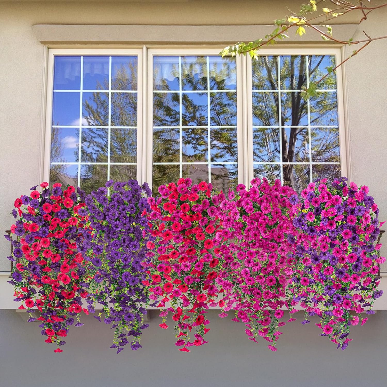 Artificial Hanging Petunias Flowers for Outdoor, 2pcs Fake Plants Long Vine Morning Glory Eucalyptus, UV Resistant Realistic Faux Greenery Indoor Outside Patio Porch Garden Spring Summer Decor, Purple - Image 4