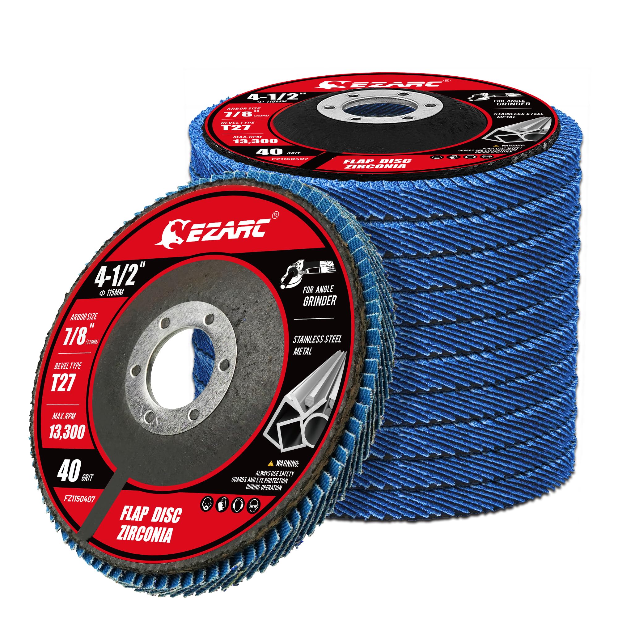 EZARC 10 Pack Flap Discs 40 Grit, 4 1/2" x 7/8" Zirconia Flap Sanding Disc for Angle Grinder, Flat Type 27 Abrasive Grinding Wheel Finishing for