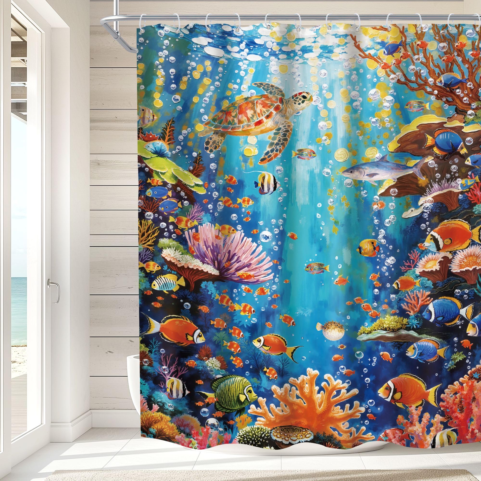 Imirell Underwater World Oil Painting Shower Curtain 60Wx72H Inches Ocean Seafish Sealife Scenery Colorful Coral Tropical Plant Starfish Nautical Fabric Waterproof Polyester with 12 Pack Hooks Plastic โ image 1