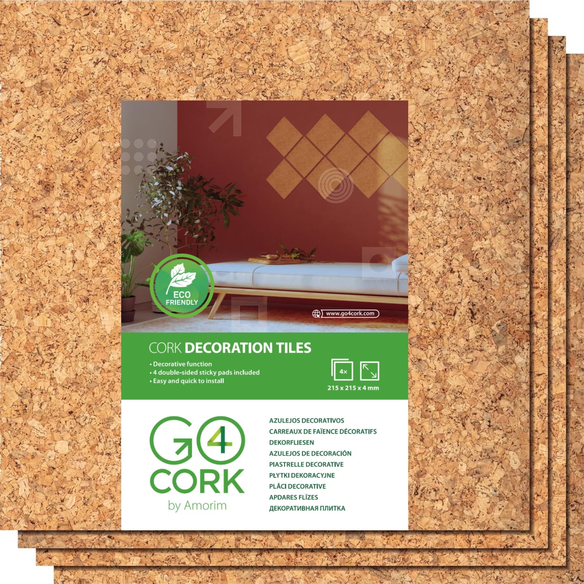 Go4Cork Quadratische Korkplatte 21,5 x 21,5 cm - 4er-Pack | Doppelseitige Premium Öko Korkfliesen | Vielseitig einsetzbar für Basteln, Zuhause, Ordnung im Büro | Rutschfest & leicht verwendbar