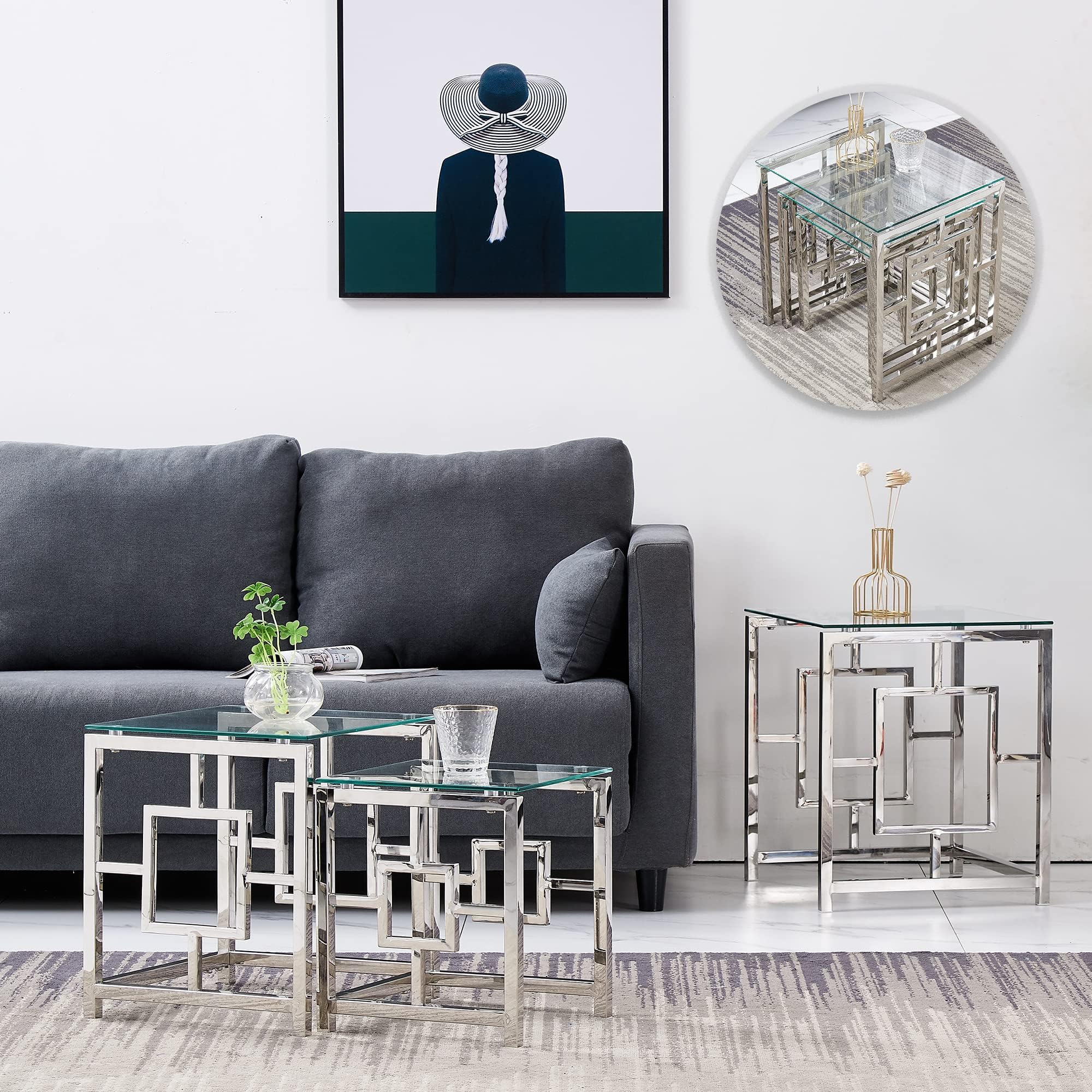ZOONFA Chrome Nest of 3 Glass Coffee Tables Nesting Table Modern Design- Stackable Space Saving Sofa Side Corner End Lamp Table Small Square Silver Nest of Tables for Living Room