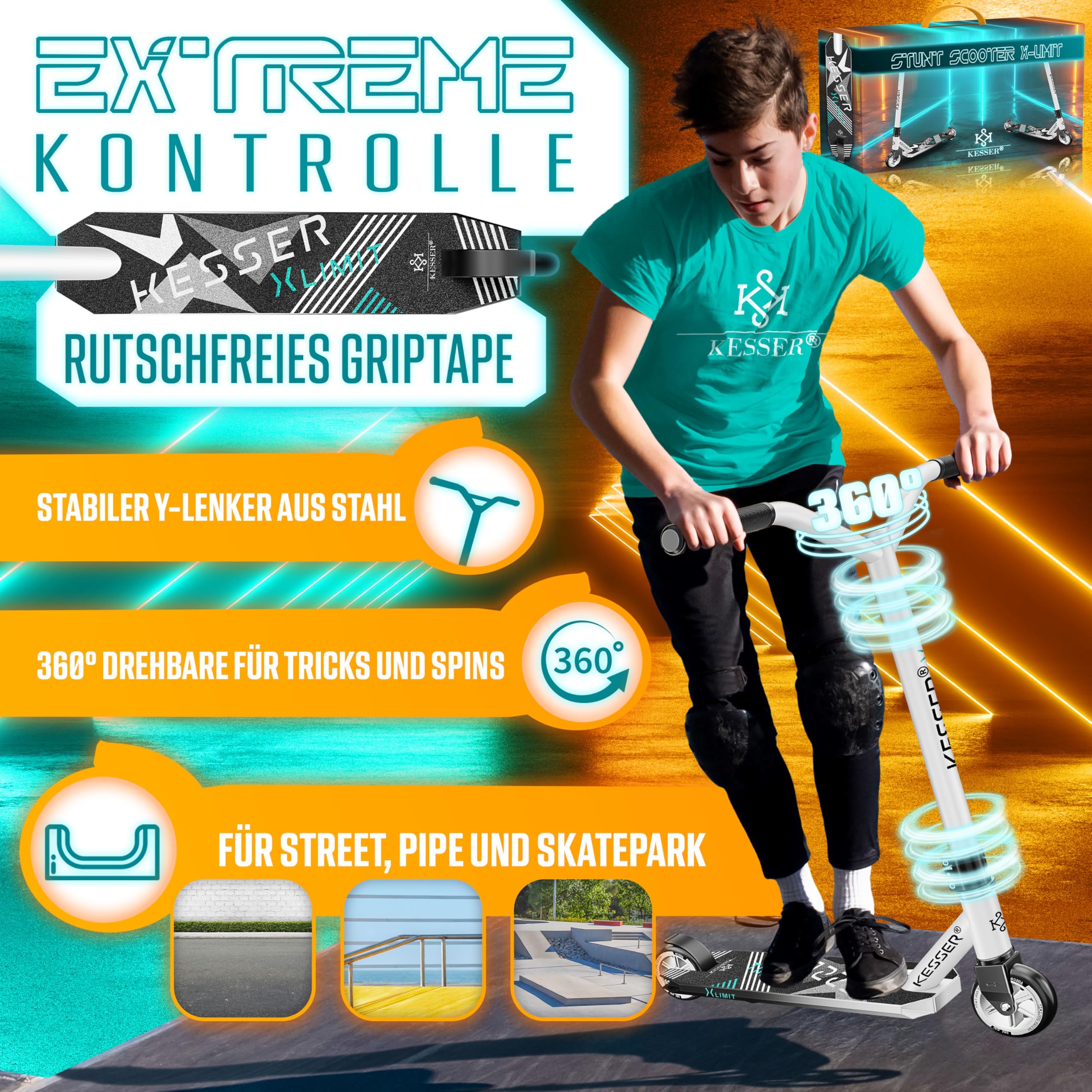 KESSER® Monopattino divertente Monopattino acrobatico X-Limit - Sterzo a 360° con ABEC 9 cuscinetti a sfera ruote in PU da 100 mm Monopattino robusto, Monopattino per bambini adulti