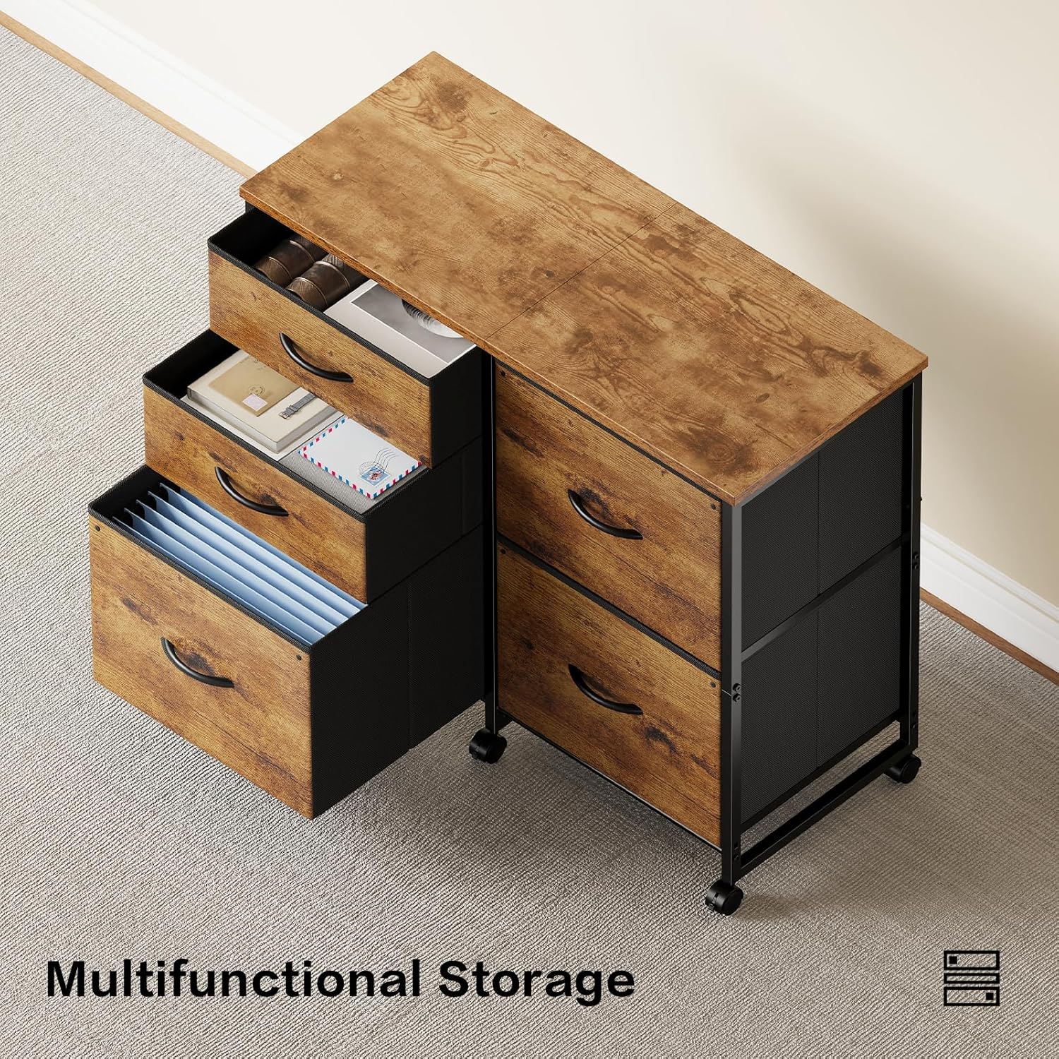 Lateral File Cabinet with 5 Drawers Rolling Filing Cabinets Under Desk Storage Printer Stand with Wheels,Mobile File Cabinet for Home Office,Rustic Brown