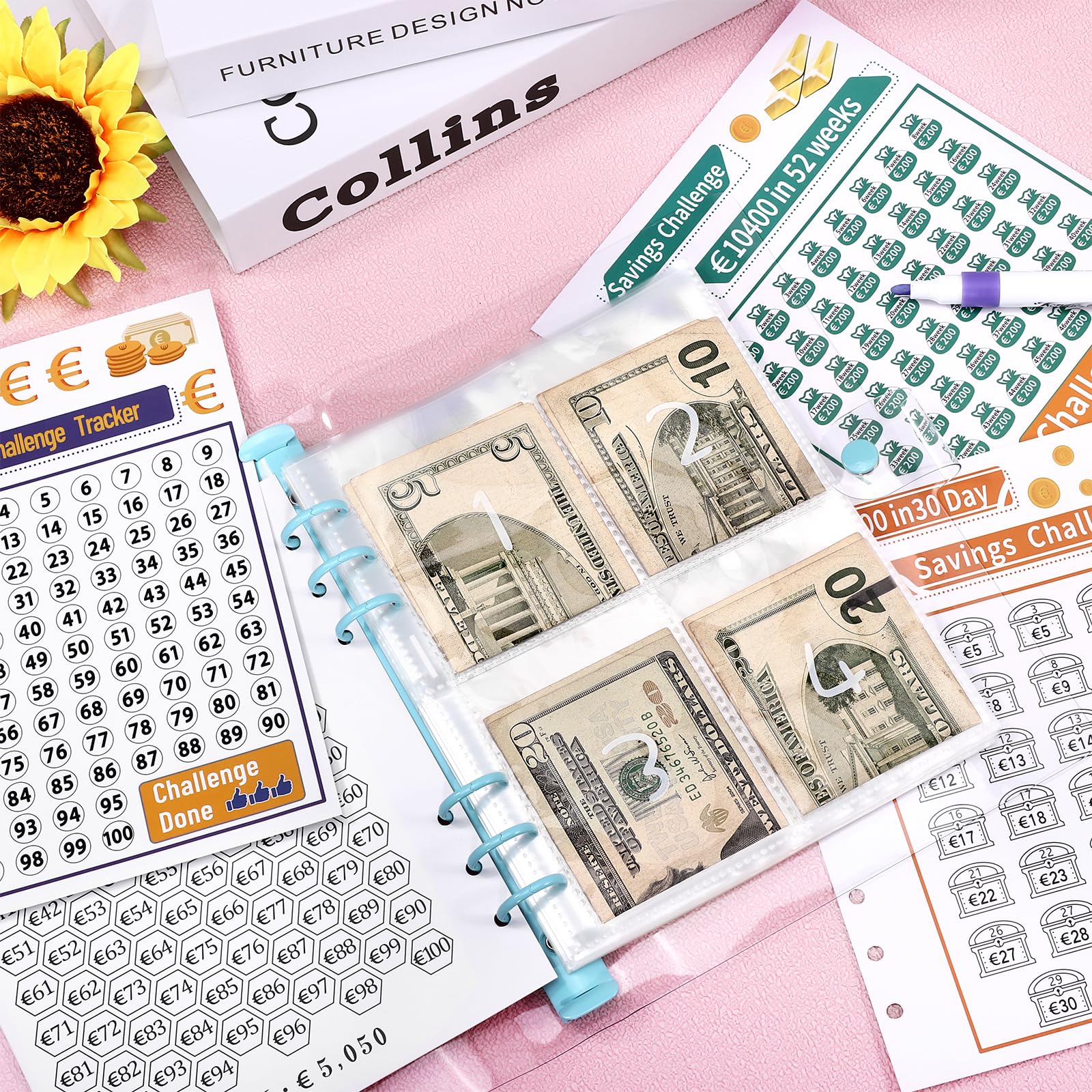 A5 Agenda Risparmio Soldi con Buste Porta Soldi e Tracker Della Sfida, Budget Binder per Risparmia Denaro Challenge - Blu