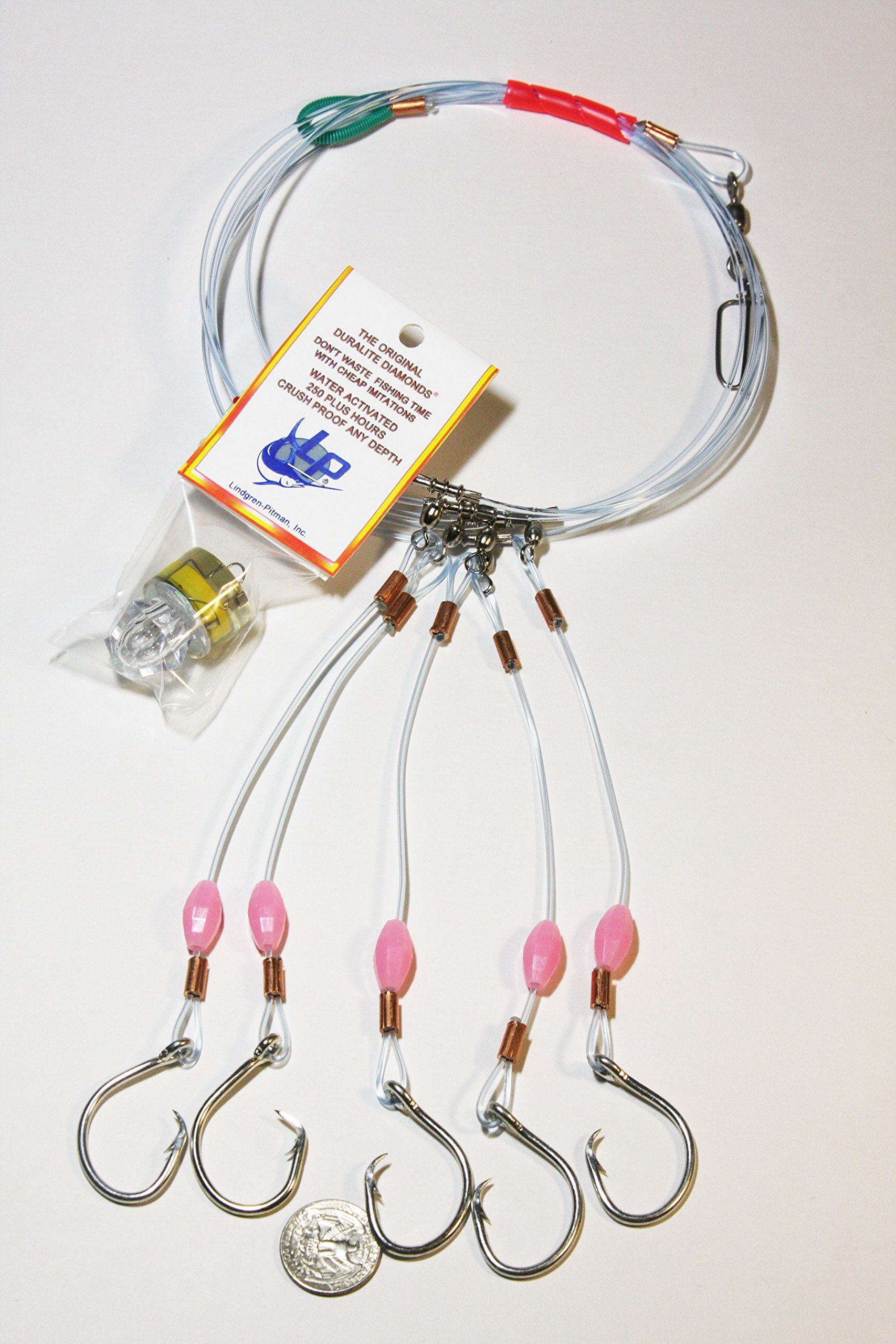 Deep Drop Rig with 12/0 High Carbon Steel Circle Hooks + Lindgren Pitman Authentic Diamond Light for Queen snapper, Yellow Eye snapper, Grouper, Mutton Snapper, Tilefish, Blackbelly Rosies