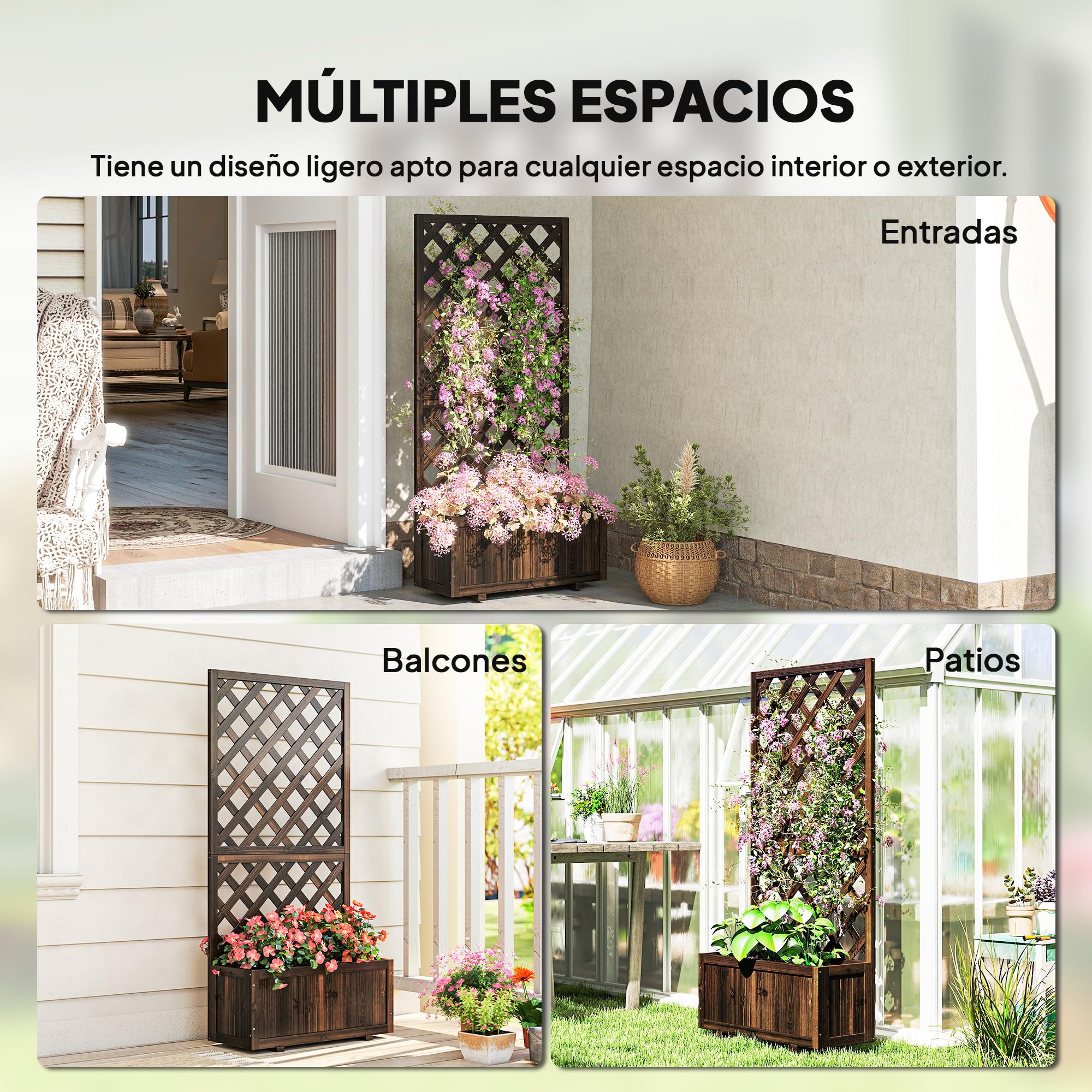 Outsunny Jardinera con Enrejado de Madera Maciza Macetero de Jardín con Soporte para Trepadora para Cultivo de Plantas Flores en Exterior 72,5x31,5x149,5 cm Carbonizado