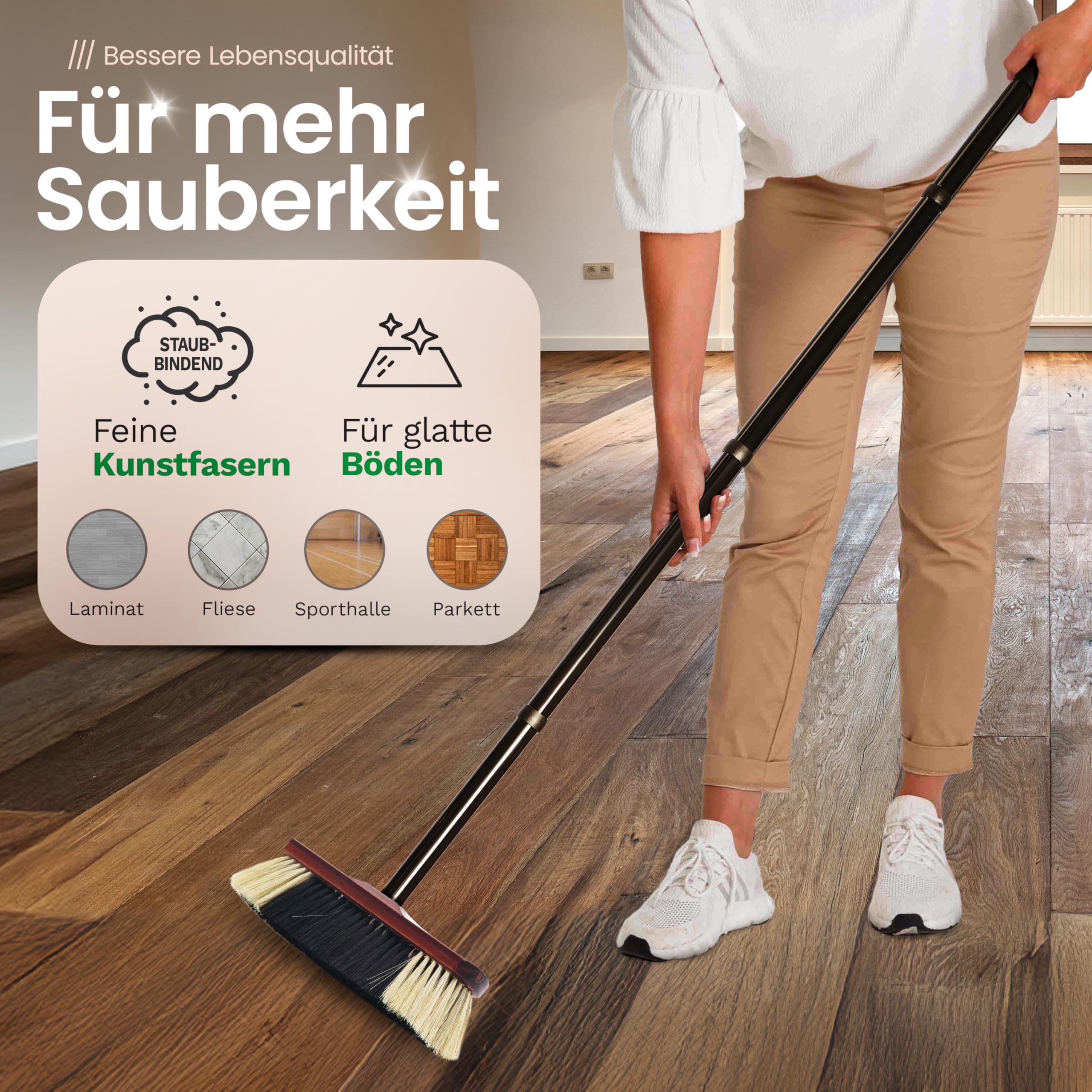 Novaliv 2X Zimmerbesen mit Stiel stabil ROSSHAAR Mischung Besen weiche Borsten Schrankbesen 4 TLG Steckstiel Gemischter Naturbesen Besen für Laminat und Parkett Rosshaarbesen Naturborsten Stubenbesen