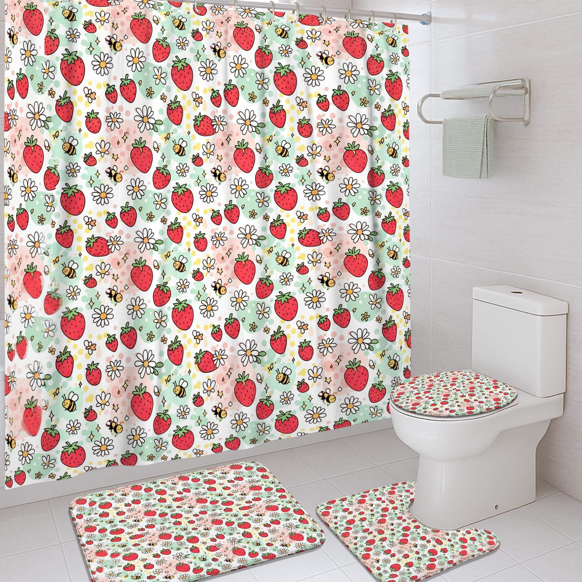 Ensemble de rideaux de douche fraise chrysanthème avec tapis