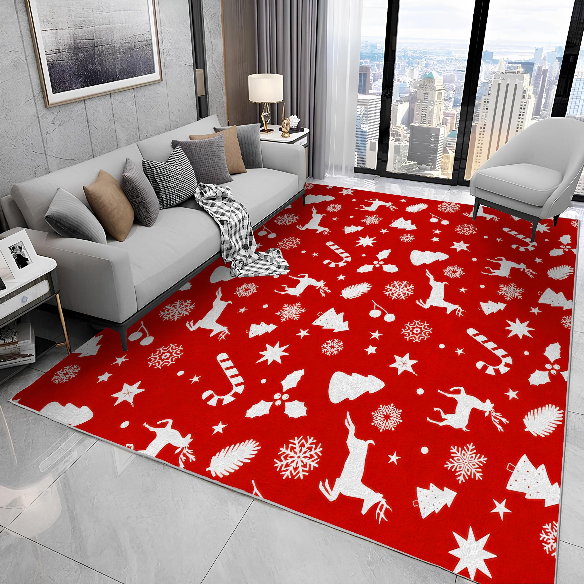 Großer waschbarer Kurzflor-Teppich 200x300, Weihnachten Teppich, Modern Rot Dünn Saugfähig Vielseitig für Wohnzimmer Schlafzimmer Oder Als Bettvorlege N73