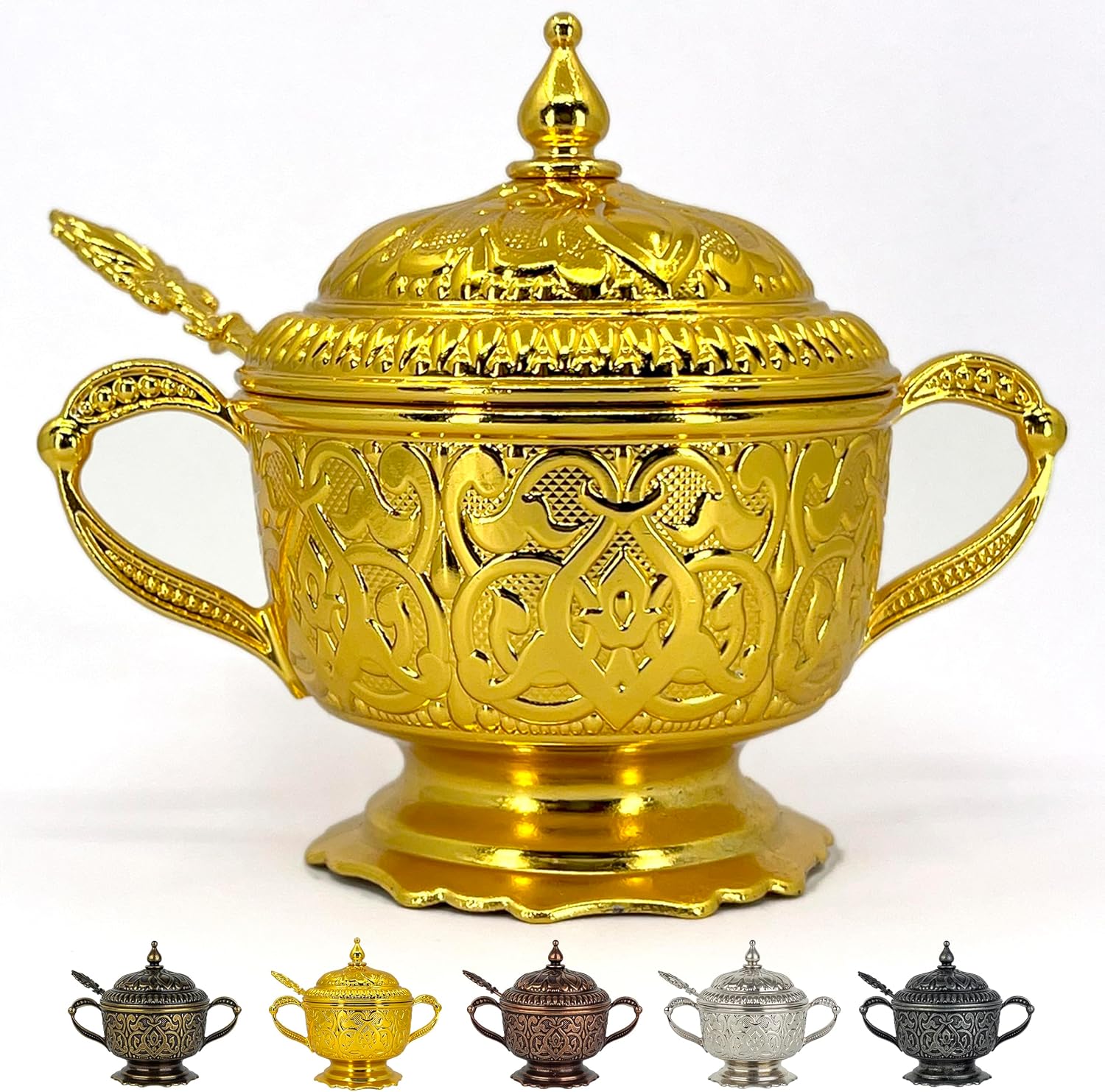 carrina 6 oz Embossed Metal Sugar Bowl with Lid and Spoon – Decorative Sugar Bowl With Lid, Cereal Bowl, Spice Jar Canister, and Sugar Jar with Spoon for Coffee Bar (Silver)