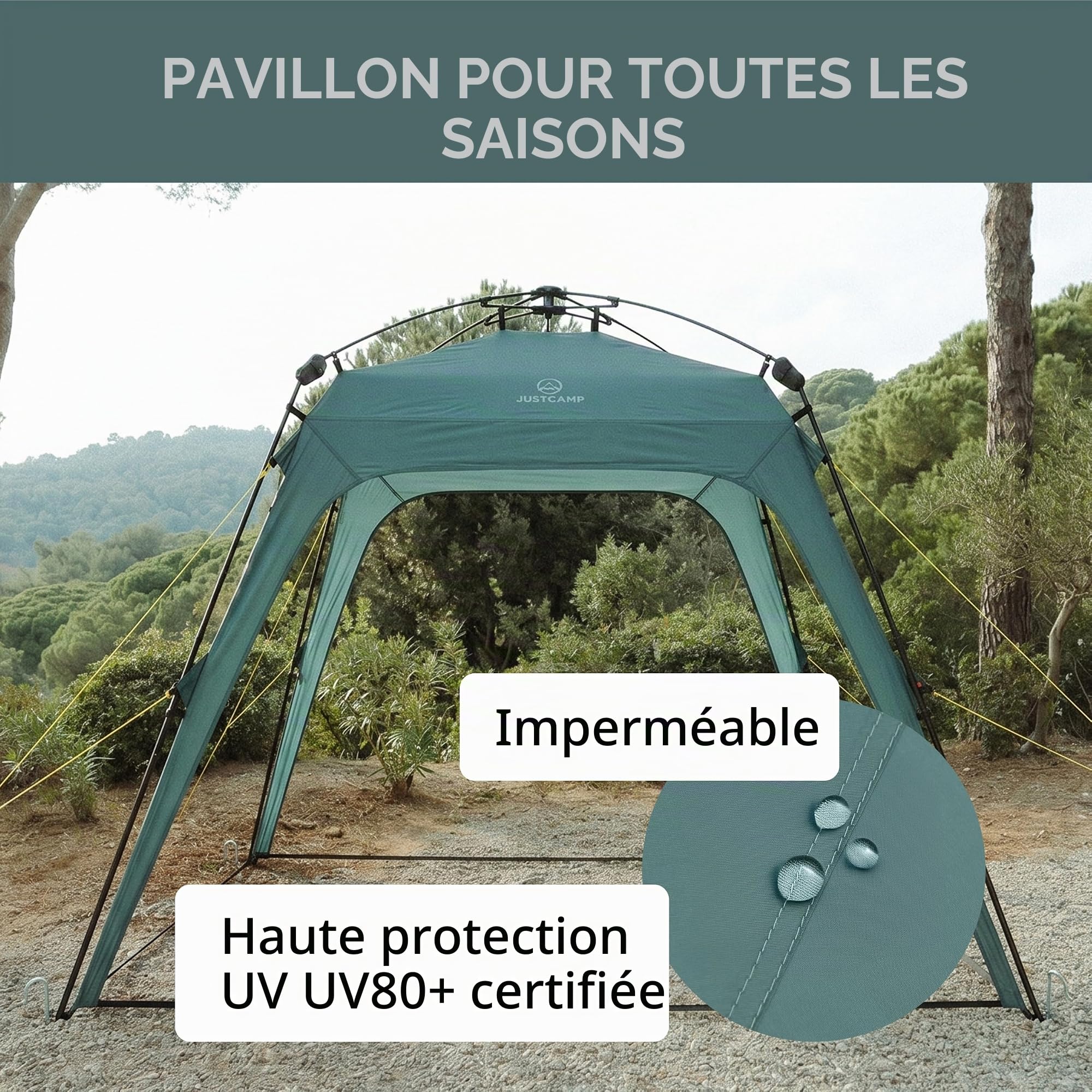 JUSTCAMP Tonnelle imperméable à montage rapide avec 4 parois latérales de 2,5 x 2,5 m – Tonnelle d'extérieur robuste pliable avec protection UV 80+ pour jardin, camping, festival et plage – Tente