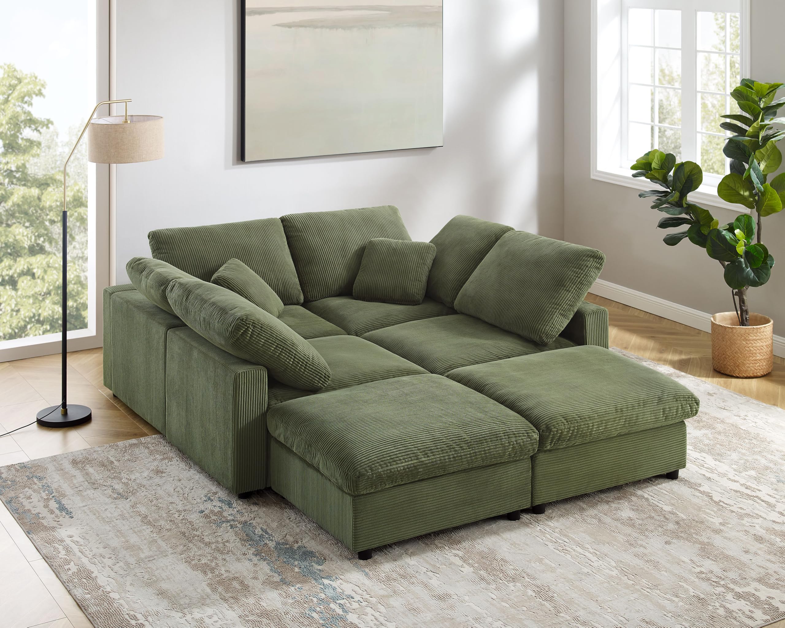 105" Modular Sectional Sofa Bed with 6 Seater, Convertible U Shape Comfy Corduroy Cloud Couch, Modern Sleeper Chaise for Large Apartment Office (Sofa Bed, Green)