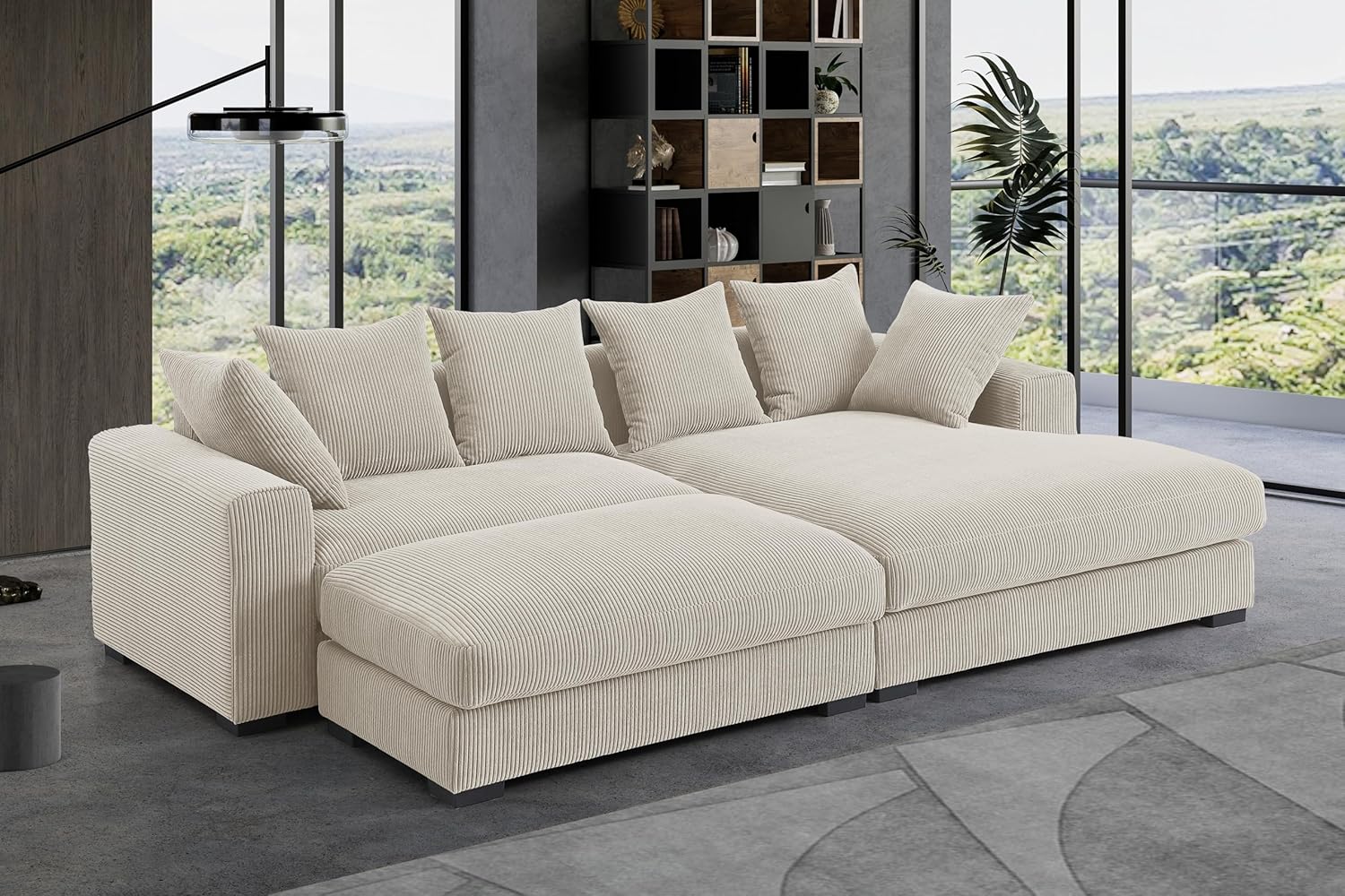WILLIAMSPACE 109.75" Sectional Sofa Couch with Removable Ottoman, Modern Luxury Upholstered L-Shaped Sofa with Large Chaise Lounge, Comfy 4-Seat Couch with 6 Pillows for Living Room (Beige)