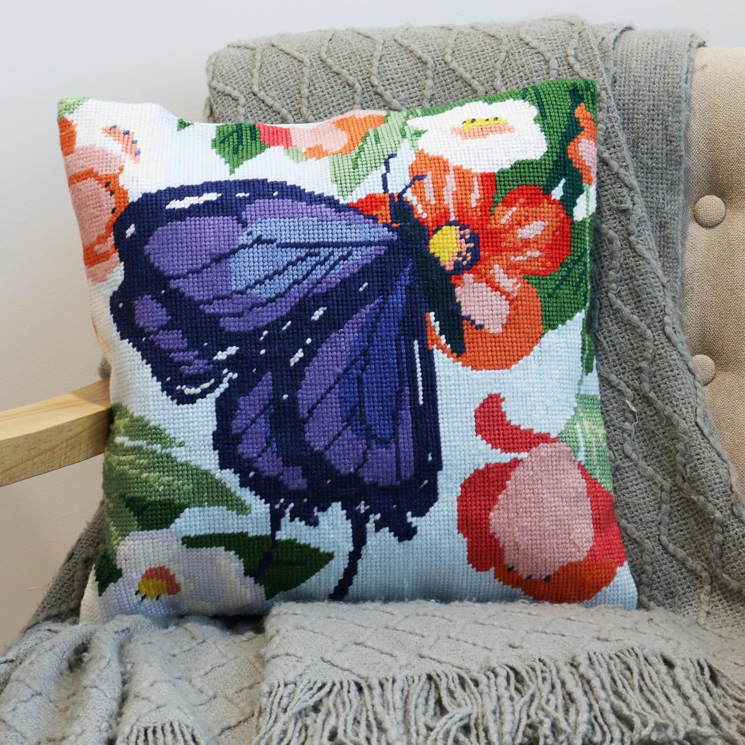 Trimits Half Stitch Cross Stitch Cushion Kit, Cushion Back Included, Pre Printed Canvas, Yarn and Needle Included 40 x 40cm (15.75 x 15.75in), Butterfly