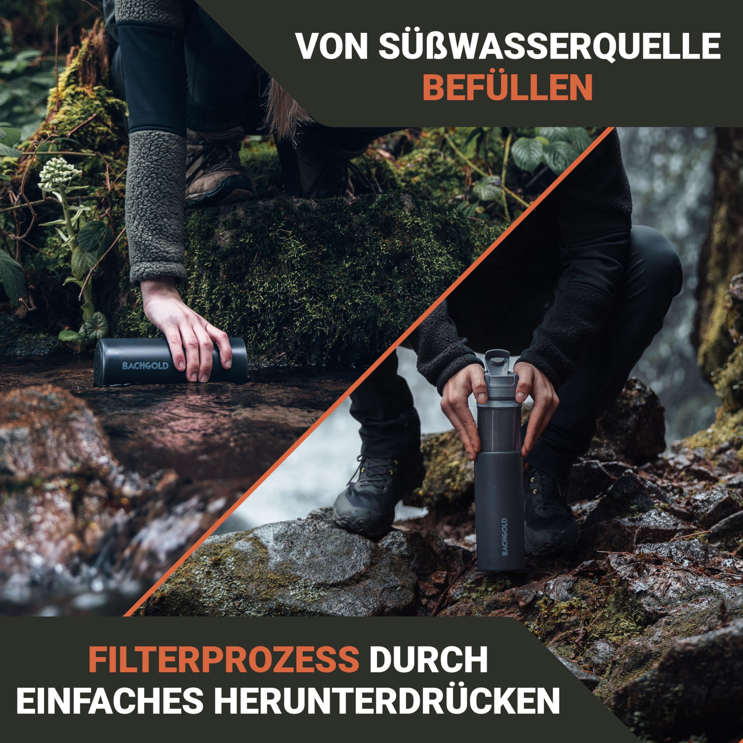 Bachgold® Profi Outdoor Wasserfilter Flasche I Entfernt 99,99% aller Bakterien und filtert Mikroplastik, Partikel und Chlor I Blackout & Krisensicher (Schwarz, 500ml)