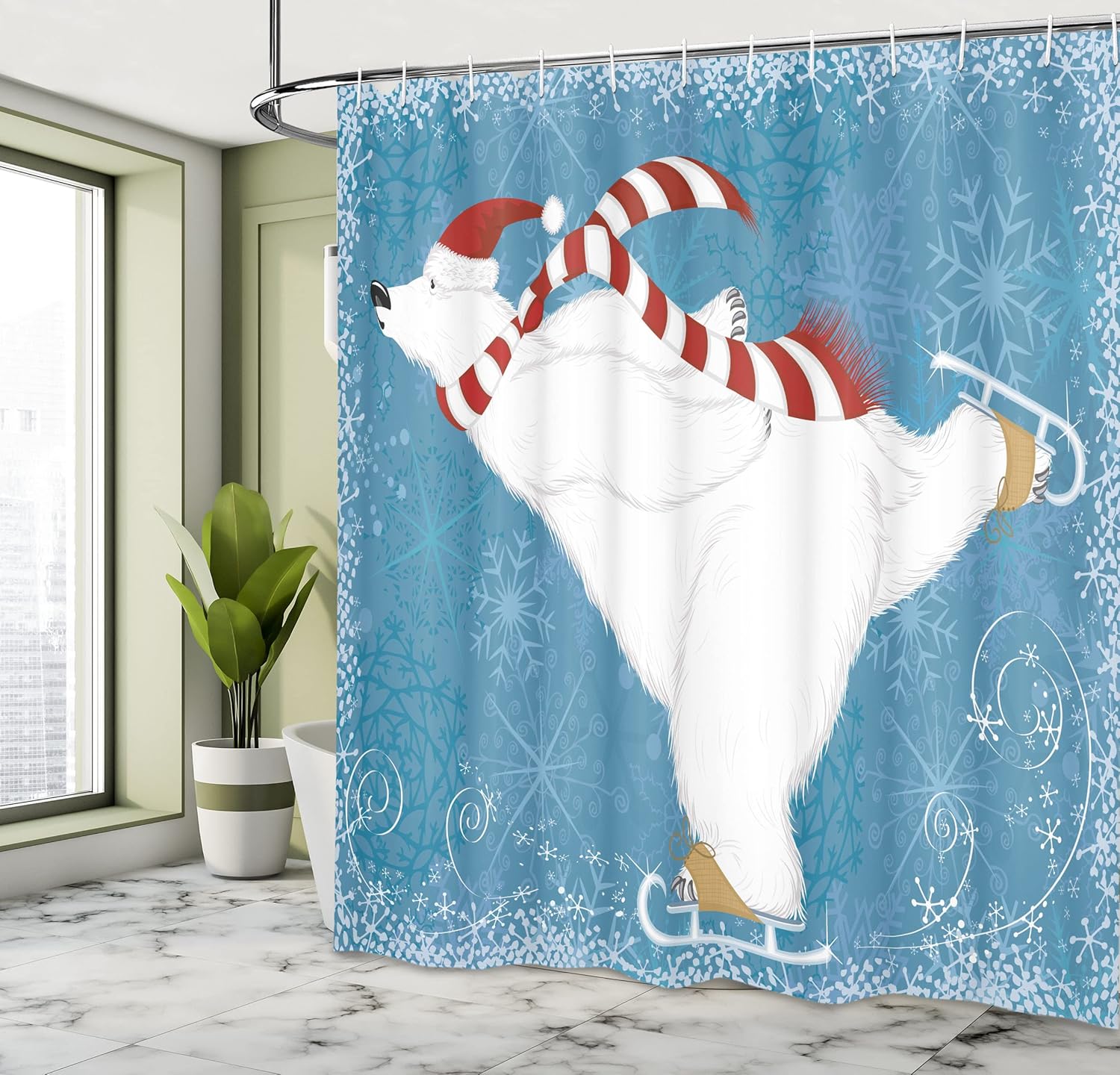 Ambesonne Bear Shower Curtain, Polar Bear with Christmas Hat and Scarf Ice Skating Ornamental Snowflakes and Swirls, Cloth Fabric Bathroom Decor Set with Hooks, 105" Extra Wide, Blue White