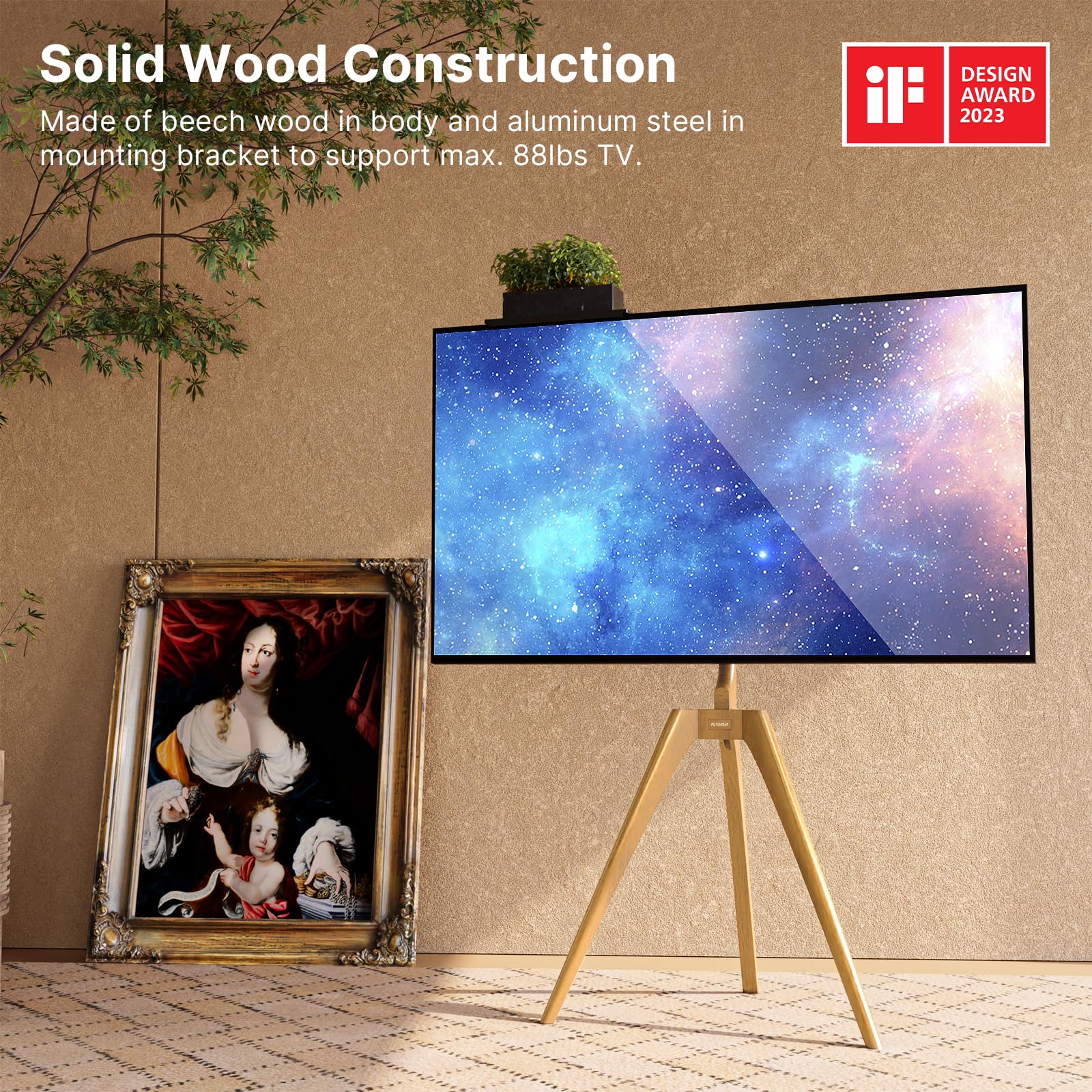 PUTORSEN Staffelei-TV-Stativ für Universal-Fernseher 114,3–165,1 cm, Massivholz, TV-Bodenhalterung mit Medien-Regal, höhenverstellbar und schwenkbar, TV-Ständer, unterstützt bis zu 88 l, max. VESA 400