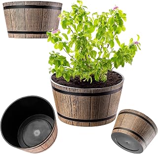 KADAX Macetero con diseño de barril de madera, diámetro de 40 cm, de plástico resistente a la intemperie, para jardín, terraza y balcón, maceta decorativa, maceta o macetero, color marrón moca