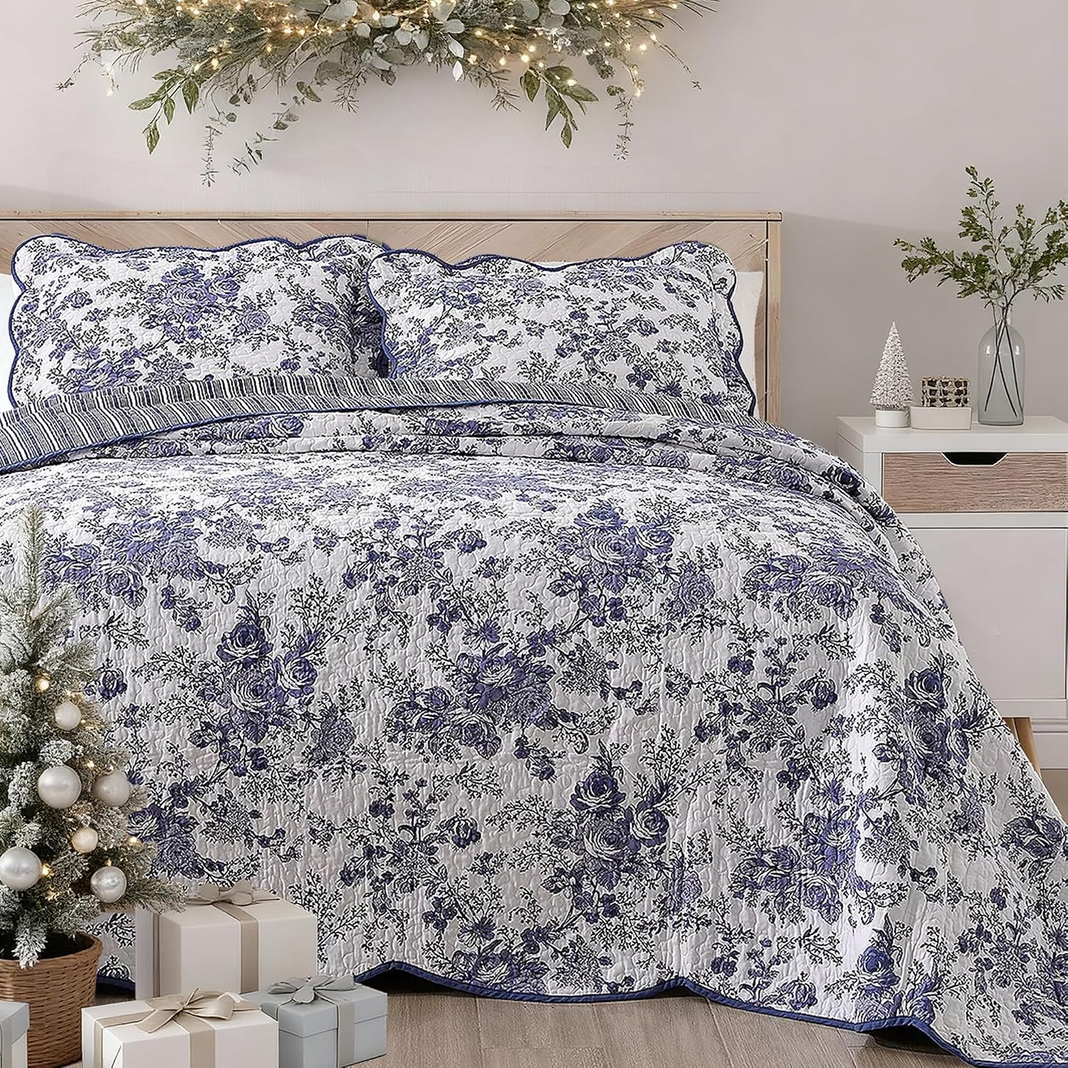 Wonderful 100% Cotton Blue Floral Bedspread Set Full Size, Quilt Bedding Sets with Pillow Shams, 3 Pieces Botanical Coverlet Set, Quilted Blanket Bed Cover for All Season, 96"x110"