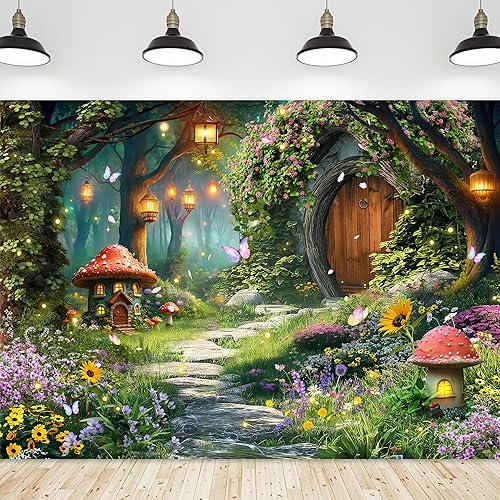 Miniatura 5 de Riyidecor Telón de fondo de bosque encantado Tela de poliéster Greenery Wonderland Tale Hongo Mariposa Bosque Planta 5 W* 7H Pies Fantasía Dreamland