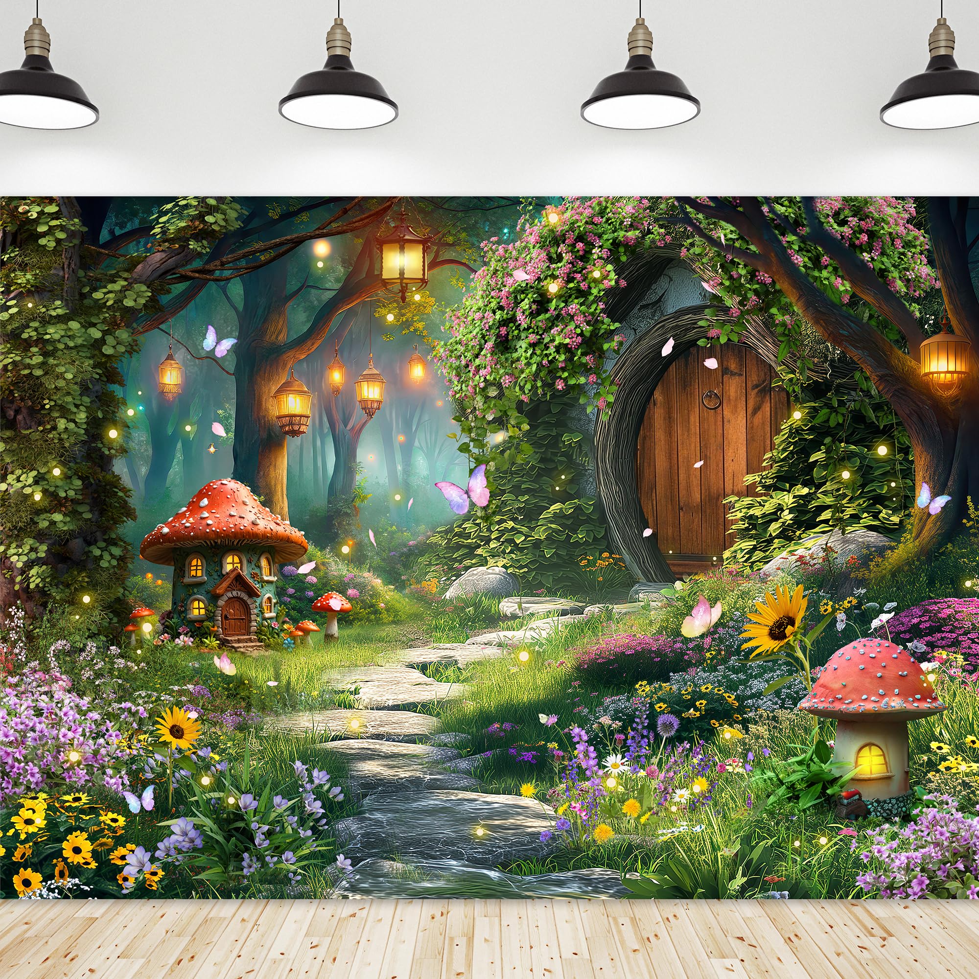 Riyidecor Fairy Backdrop Polyester Fabric Enchanted Garden Wonderland Woodland Mushroom Floral Flower Butterfly 7Wx5H Feet Nature Baby Shower