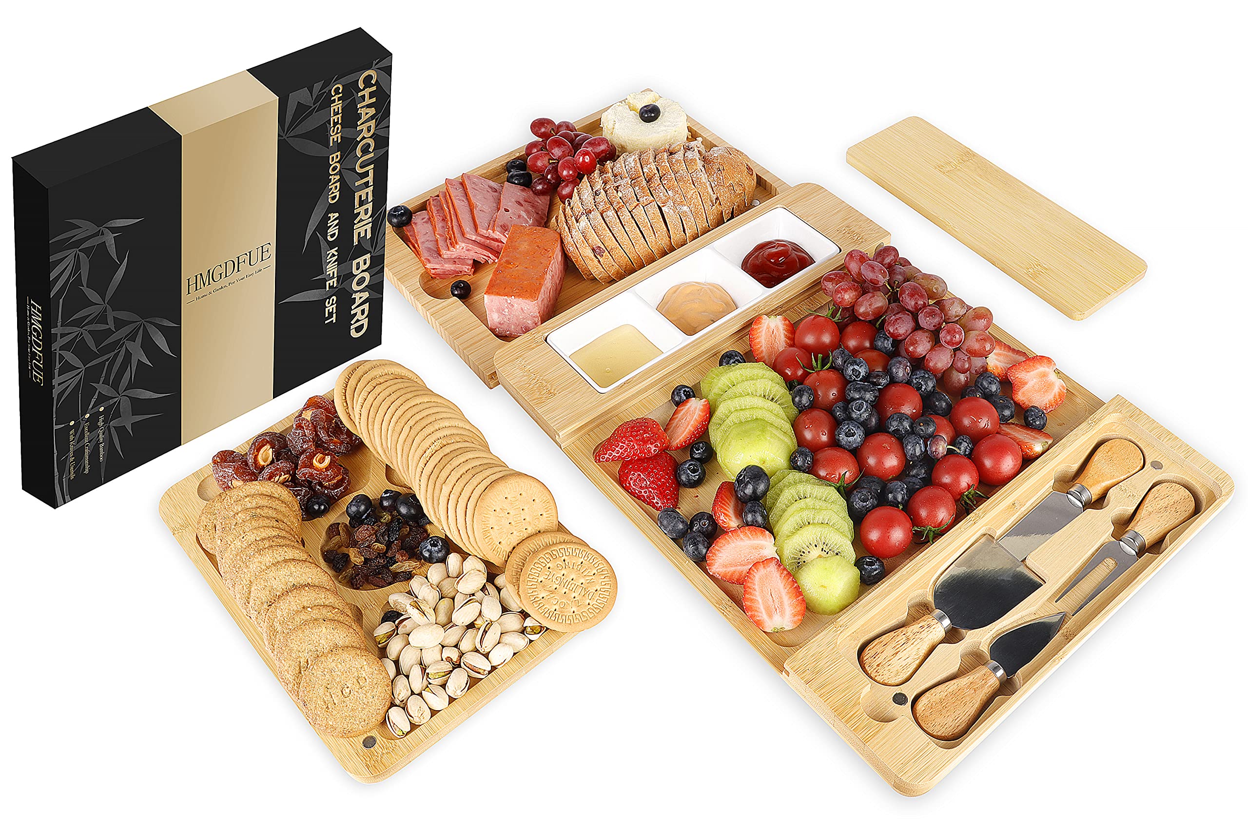 HMGDFUE Bamboo Charcuterie Boards Cheese Board Knife Set,15.7"x 11.8" Charcuterie Board & Serving Trays*2 & Bowl*1,House Warming Gifts for New Home Gift for Mom Couples Bridal Shower Bridesmaid Gifts