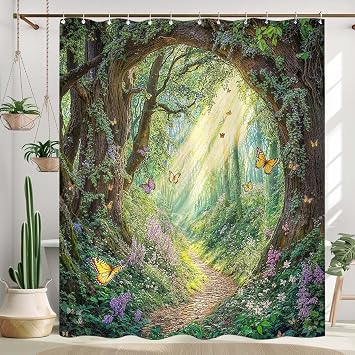 Whimsical Forest Shower Curtain Set Magical Butterfly Woods Waterproof Bathroom Shower Curtain Lush Green Nature Print Fairy Home Decor 72x72 Inch