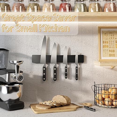 Miniatura 9 de Soporte magnético para cuchillos de pared, 16 pulgadas, tira magnética de madera de acacia, potente tira magnética para cuchillos, sin taladro, uso