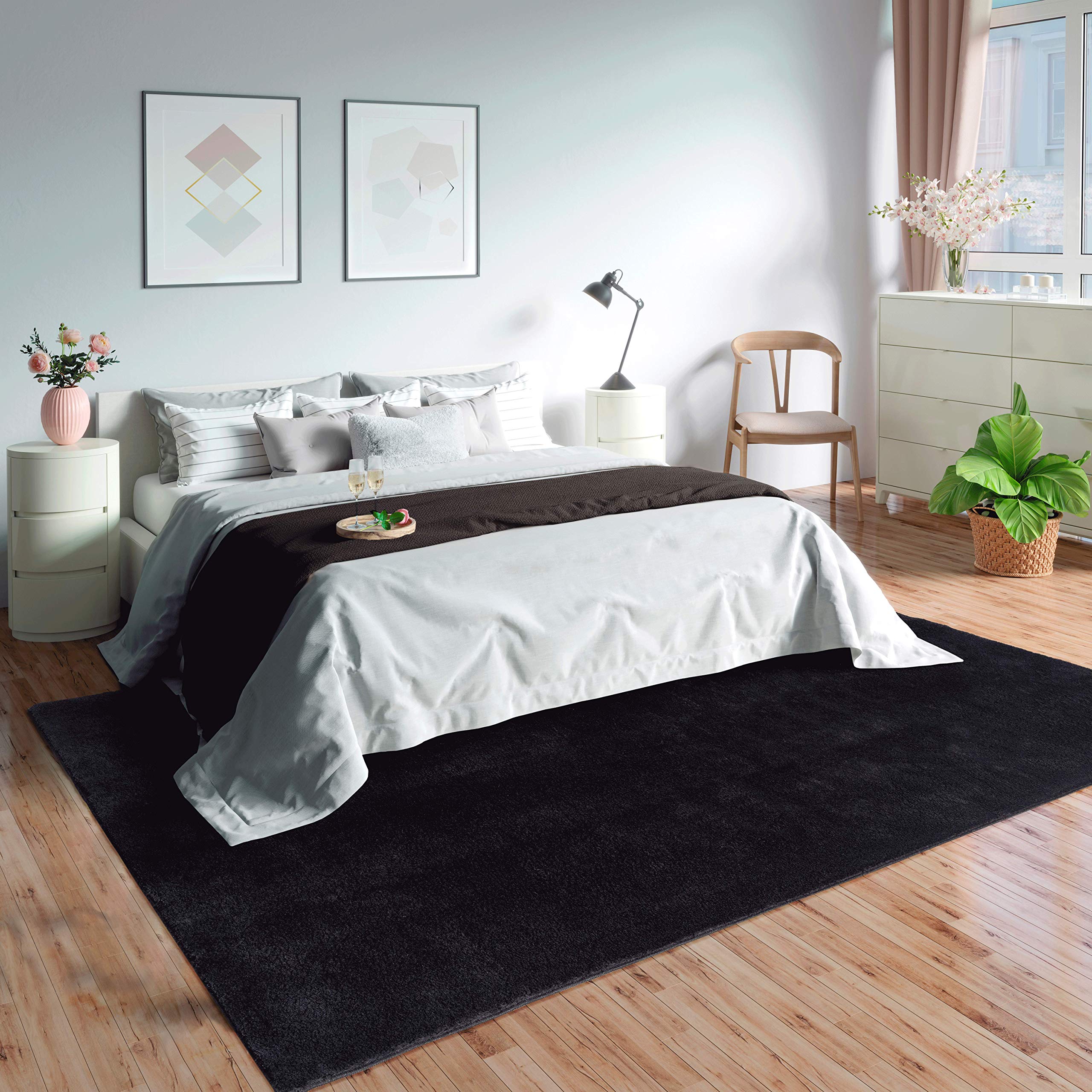 Mia's Teppiche Olivia Alfombra de salón de Pelo Corto Suave (19 mm), Antideslizante, Poliéster, Negro, 120x160 cm