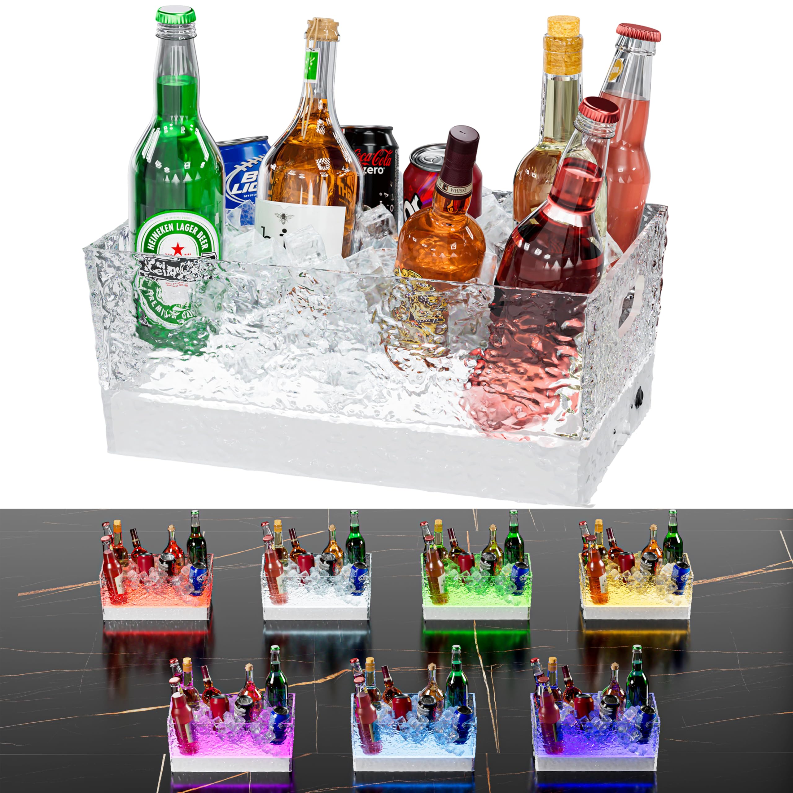 Cubitera de plástico para bebidas para fiestas, 15 litros/4 galones, grande, transparente, para champán, cerveza, bebida, vino, cócteles, 7 modos de luz LED, a prueba de fugas