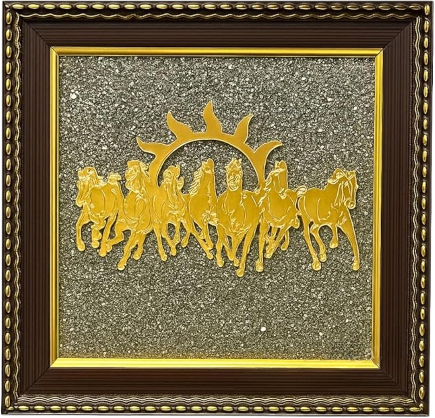 Seven Running Horses Pyrite Dust Frame Certified | For Attracting Wealth, Money & Protection | Vastu & Feng Shui Decor for Home & Office