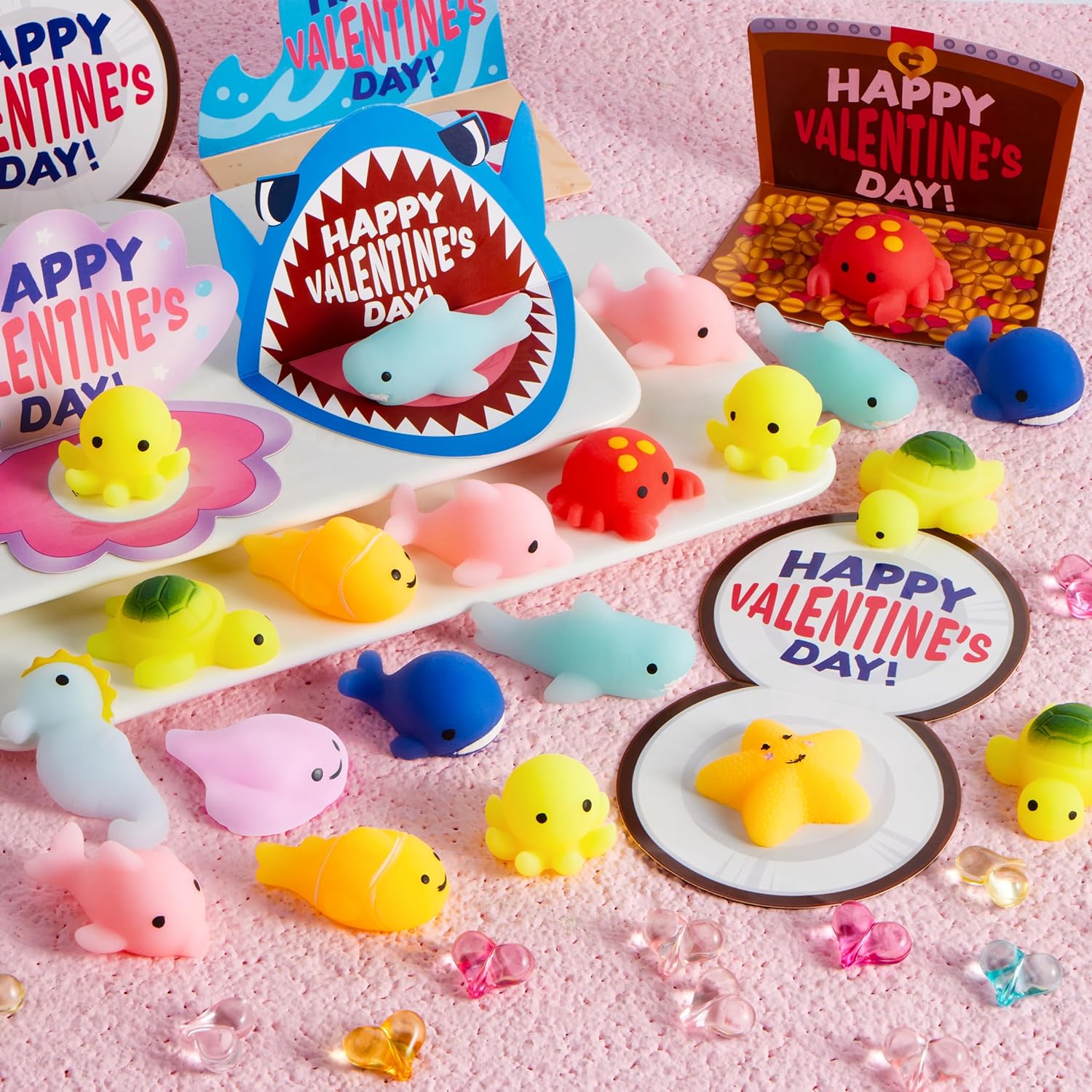 JOYIN 30 Packs Valentine’s Day Gift Cards with Mochi Squishy Toys, Stress Relief Fidget Toys, Kawaii Mochi Squeezes for Kids Holiday Party Favor, Gift Goodie Bag Filler, Classroom Exchange Prizes