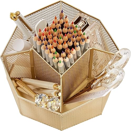 Miniatura 3 de Annova Organizador de escritorio de malla giratorio con 5 compartimentos, soporte giratorio para caramelosbolígrafos, oficina, suministros de arte,