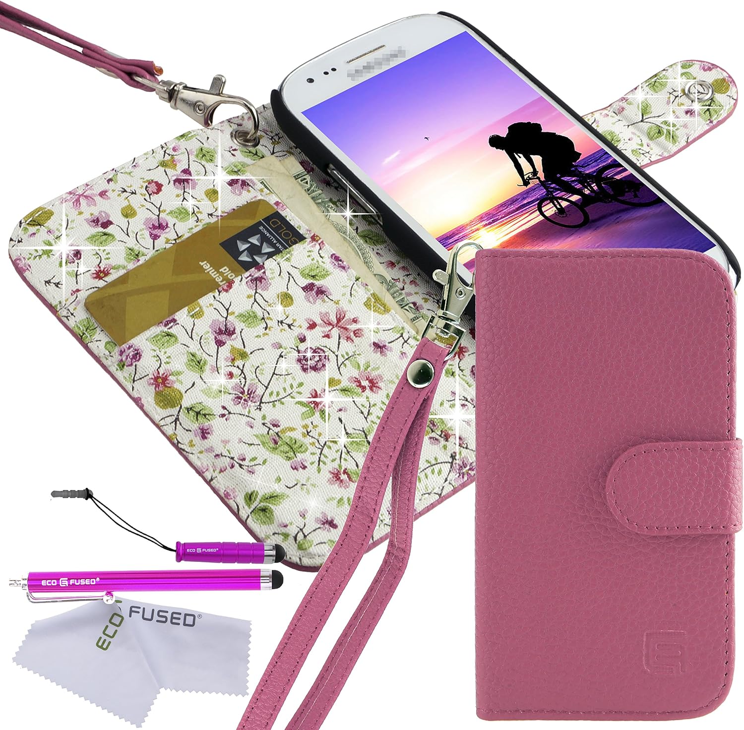 ECO-FUSED Case Bundle for Samsung Galaxy S3 Mini (I8190) Including Faux Leather Cover with Floral Interior/Lanyard / 2 Stylus Pens / 2 Screen Protectors/Microfiber Cleaning Cloth Pink