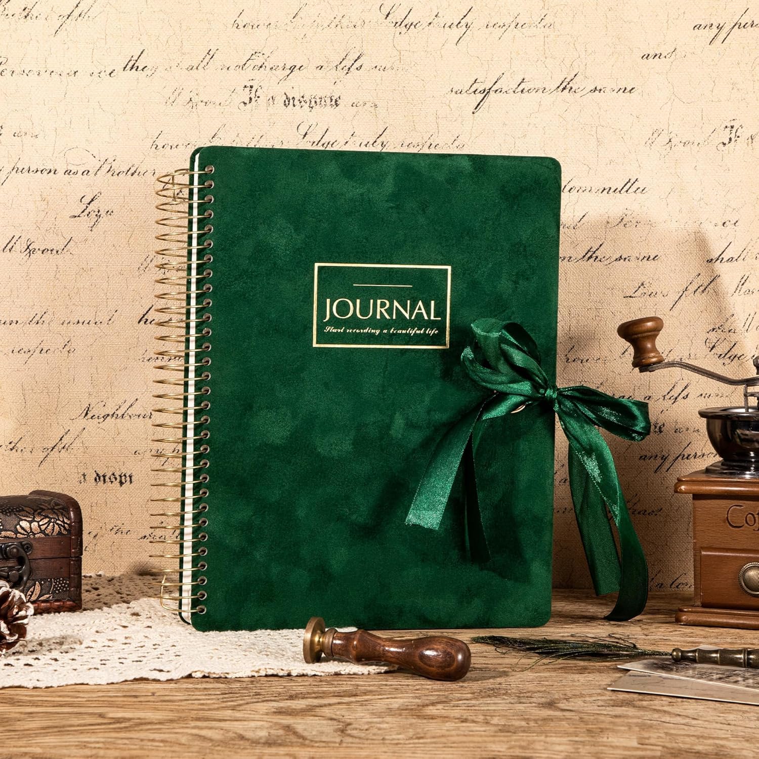 FLYING EAGLE 300 Pages Thick Spiral Notebook Journaling Notebooks Vintage Velvet Journal for Women Men A4 Lined Journals for Writing with Gift Box, 8.5 x 11in, Green