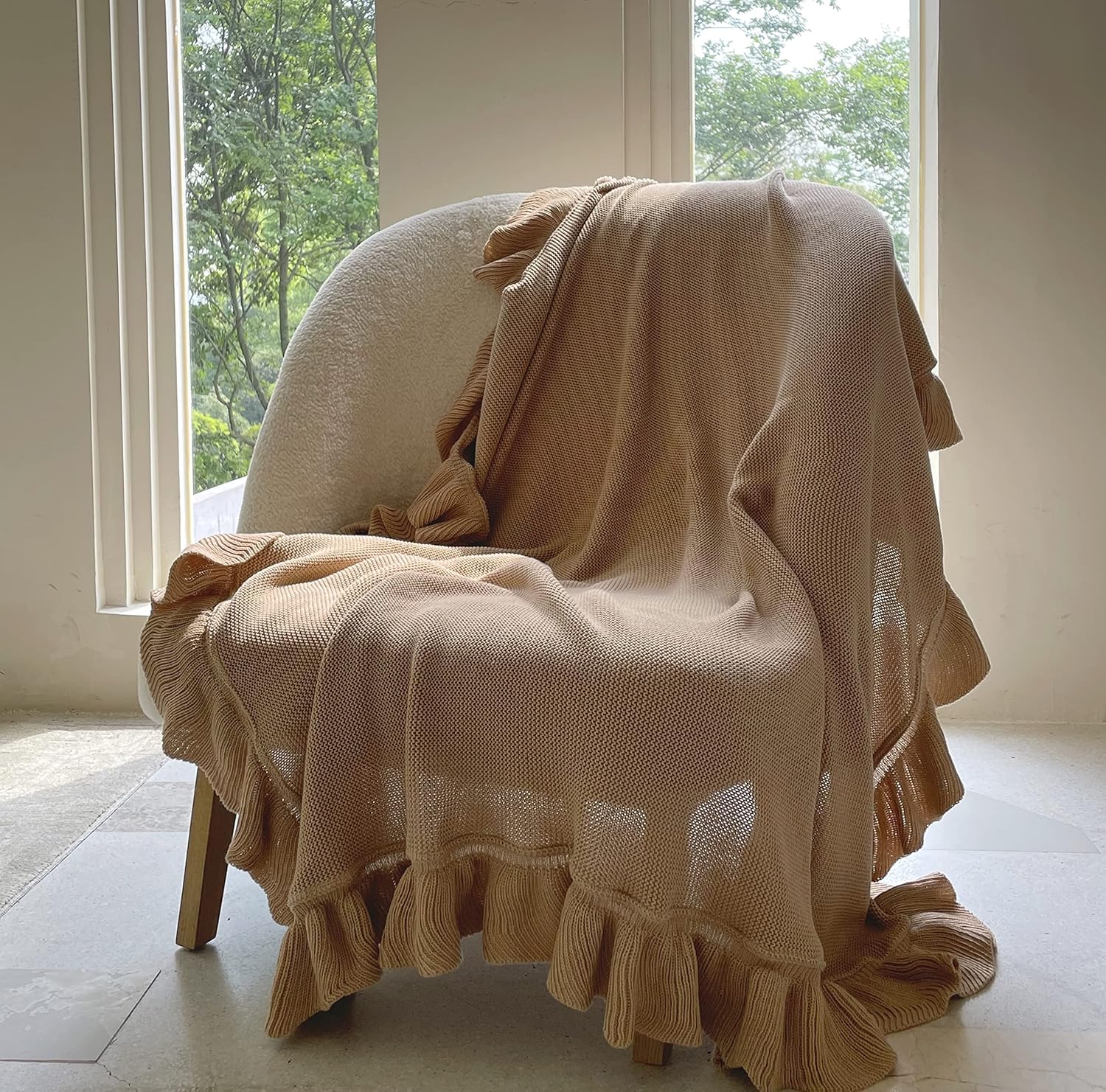 ZonLi Summer Knit Blanket Cream Cable Knitted Throw Blanket with Ruffle Woven Lightweight Decorative Blanket for Couch Living Room Chair Bed Sofa for Baby Women Men 50''x60''