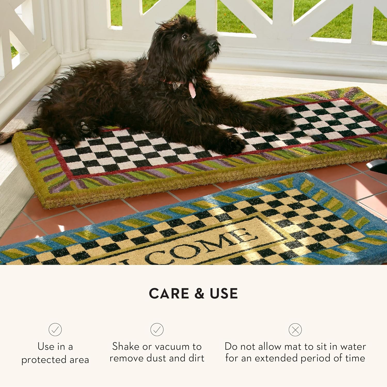 MACKENZIE-CHILDS Double-Door Entrance Mat, Decorative Outdoor Coir Doormat, Double Front-Door Mat and Welcome Mat, Black-and-White Courtly Check