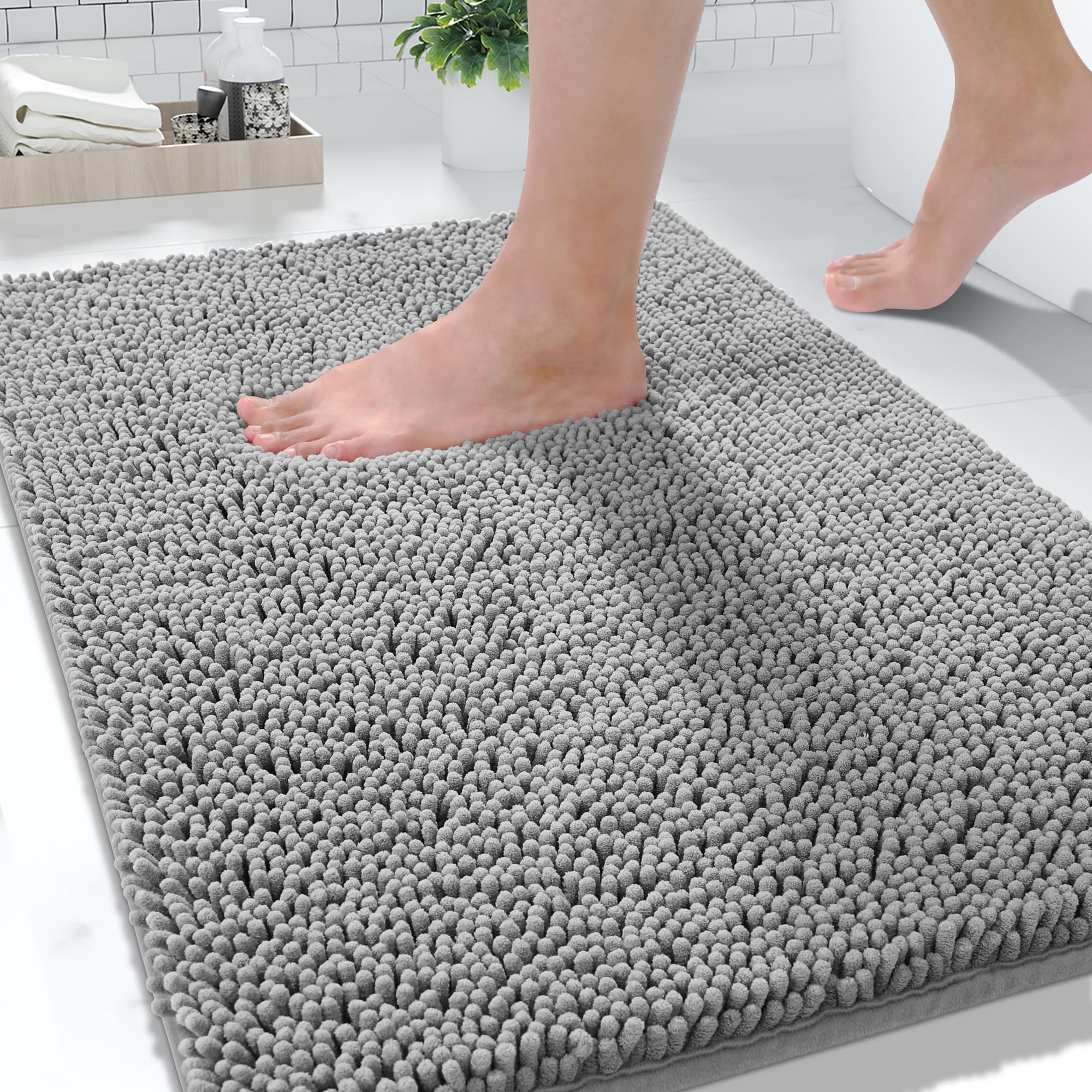 Yimobra Washable Bathroom Rugs, Super Soft & Absorbent Chenille Bath Mat for Floor & Carpet, Quick Dry Non Slip Bath Mat for Tub Shower, 32"x20",Gray