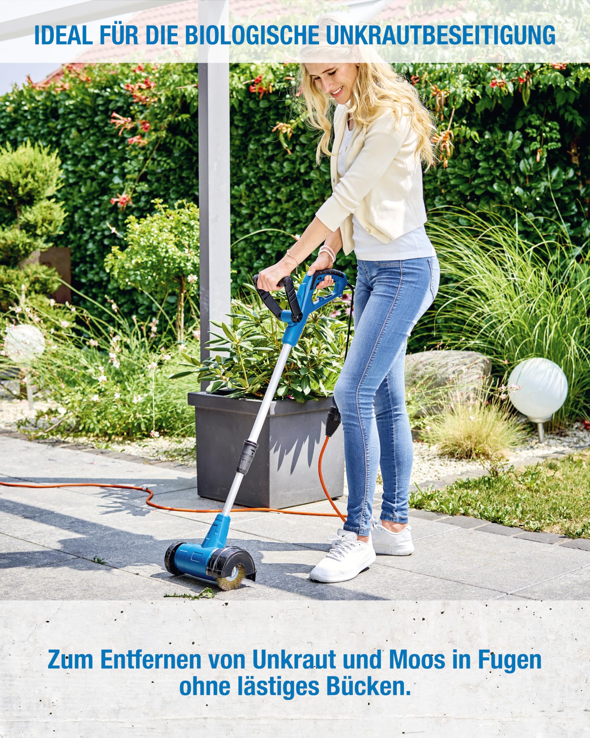 CFH E-Fugenbürste EFB 675 - Fugenbürste elektrisch 230 V 400 W 1.800 U/min, Unkraut Entferner Gerät zur Reinigung zwischen Terrassenplatten, Werkzeugloser Bürstenwechsel, TÜV Rheinland GS zertifiziert
