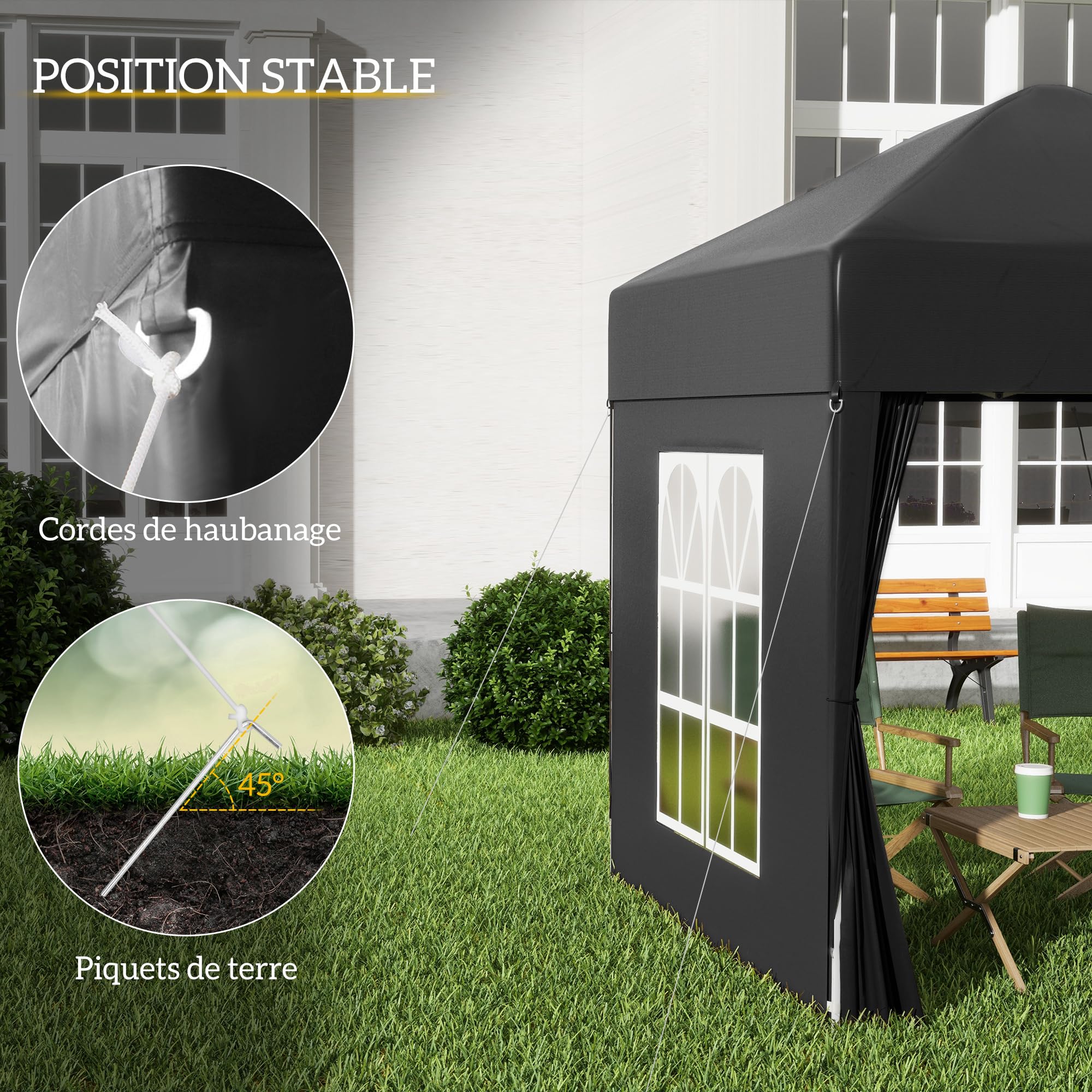 Outsunny Tonnelle de Jardin Pliante Pop-up 2 x 2 m, Protection UV, Cadre en Acier, 4 côtés Amovibles, Noir