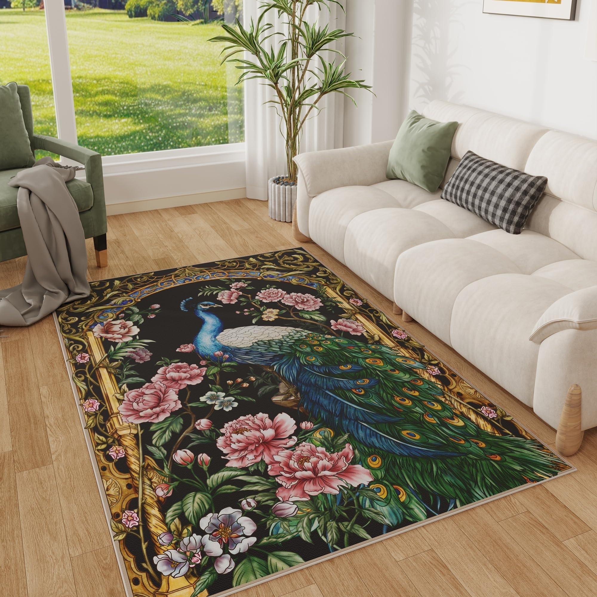 Vowkten Area Rug 4x6 Rug Washable Floral Peacock Rugs Non Slip Low Pile Floral Animal Small Carpet for Bedroom, Bedside, Kids Room, Office, Dining