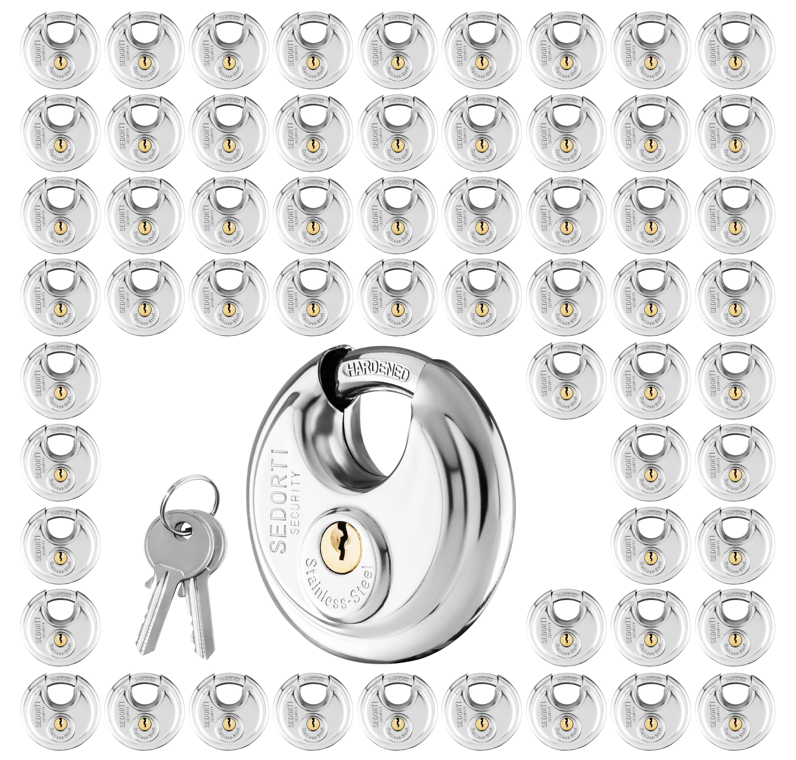 SEDORTI 60-Pack Disc Padlocks Keyed Alike, 2-3/4 inch Wide, Stainless Steel 304 Round Lock, Waterproof and Rustproof Storage Lock with Brass Keys, Ideal for Storage Unit Gate, Outdoor, Shed, Fence