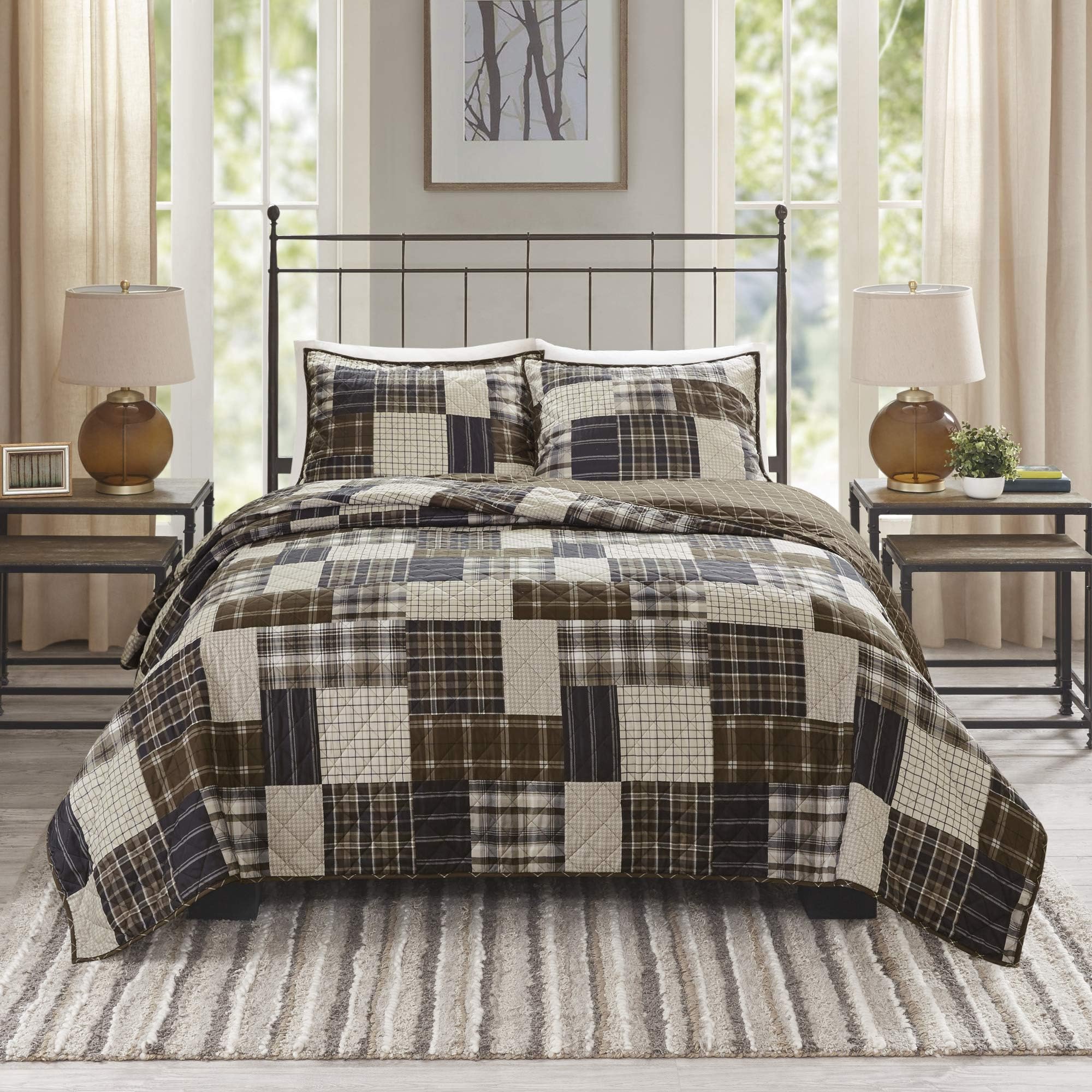Reversible Quilt Cabin Lifestyle Plaid Design - All Season, Breathable Coverlet Bedspread Bedding Set, Matching Shams, Timber Black/Brown Full/Queen(90"x90") 3 Piece