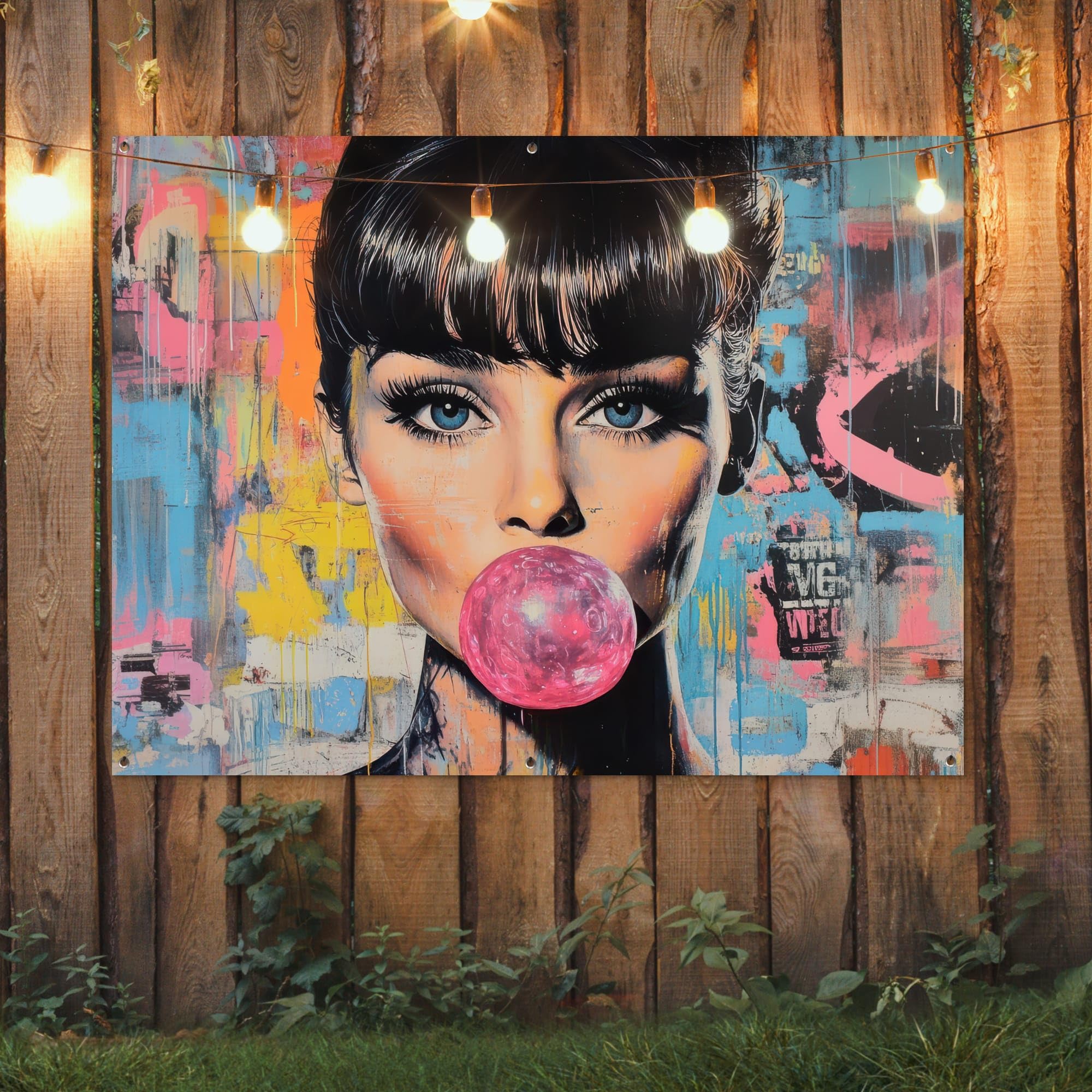 MuchoWow© Gartenposter Outdoor Bilder Gartendeko für draußen Wetterfest | 160x120 cm - Garten Deko Terrasendeko Banner Draußen Bild Dekoration Kaugummi - Frau - Pinselstriche - Modern