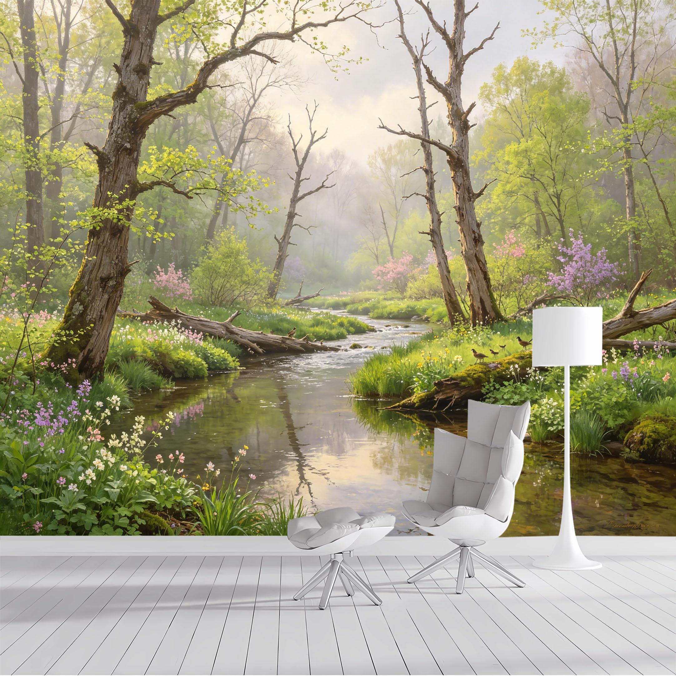 Custom Size Wall Mural Misty Forest Stream Wildflowers Watercolor Landscape SelfAdhesive Wall Fabric Removable Peel and Stick Wallpaper Wall Decor for Living Room Bedroom Bathroom