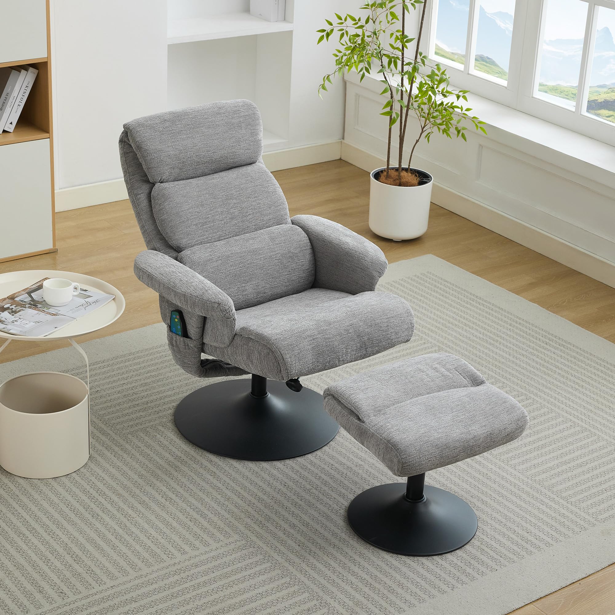 Sillón de relax reclinable con masaje de 5 puntos, sillón y taburete giratorio 360°, tela de chenilla gris
