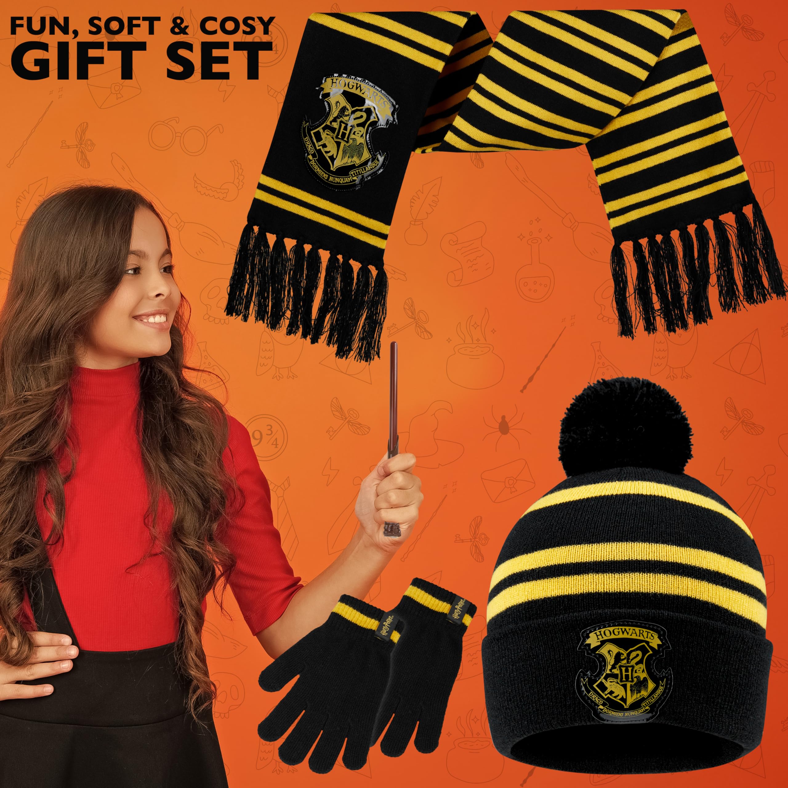 Harry Potter Ensemble Enfant Hiver 4 Pièces, Écharpe Bonnet avec Pompon Gants Stylo Baguette, Cadeau pour Fille Garçons Fans