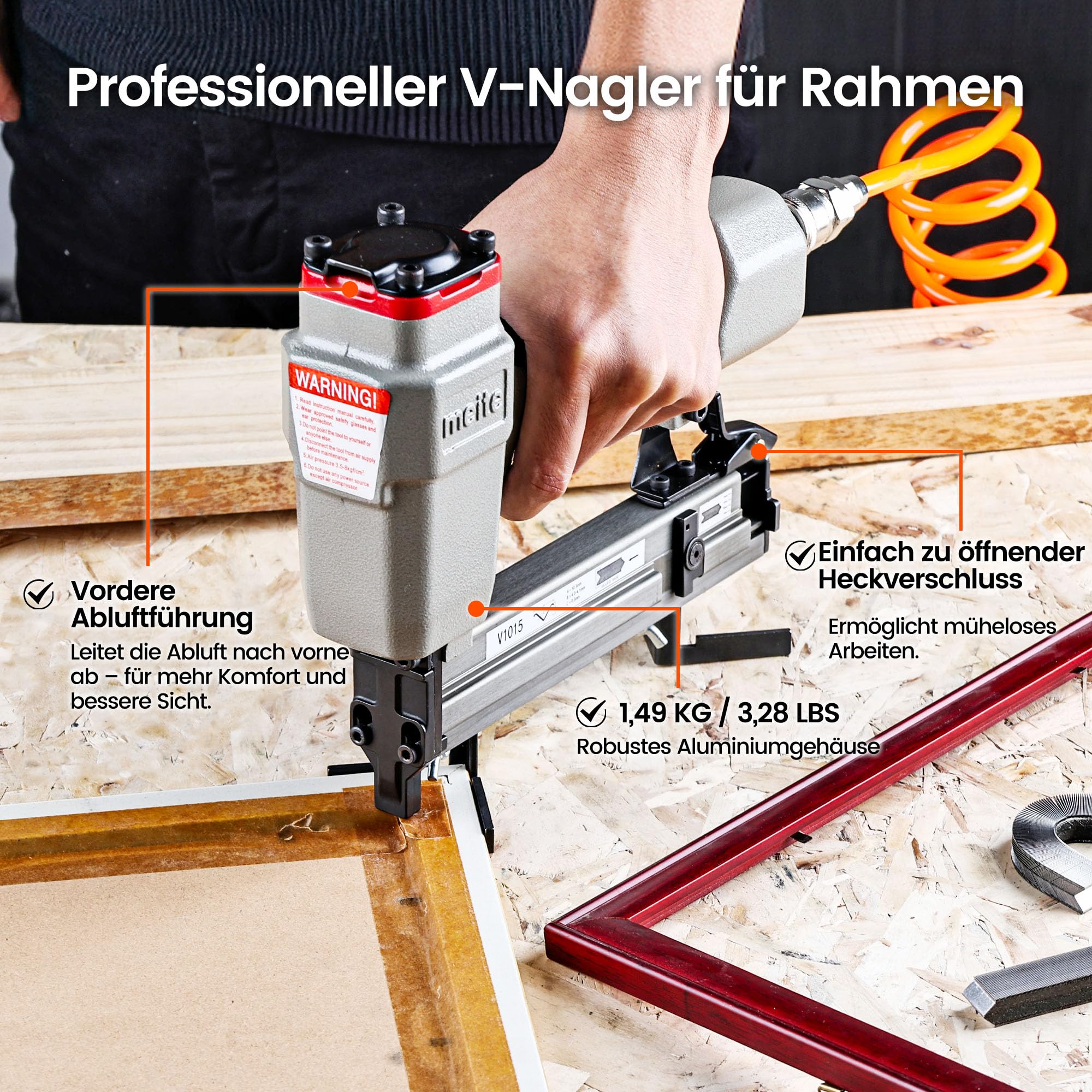 meite V1015B V Nagler für Bilderrahmen, pneumatischer Rahmenverbinder für 7 mm bis 15 mm V-Nägel, 30 Gauge, Holzrahmen-Nagelpistole für Bilderrahmen