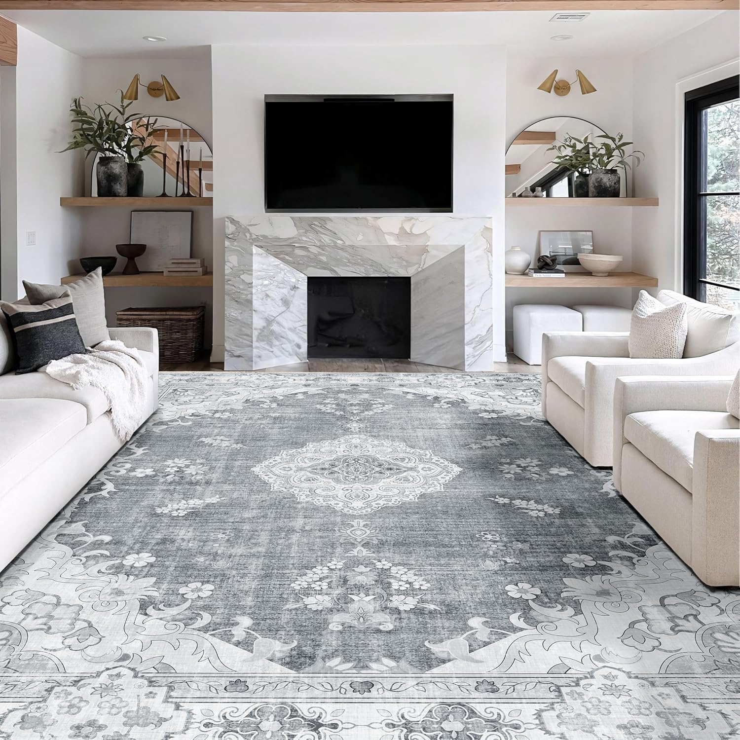 MUJOO 9’x12’ Area Rug Large Rugs for Living Room Bedroom Dining Room,Boho Washable Non Slip Bohemian Vintage Distressed Farmhouse Non Slip Big Carpet,Grey Floral Flowers 9'x12' Grey